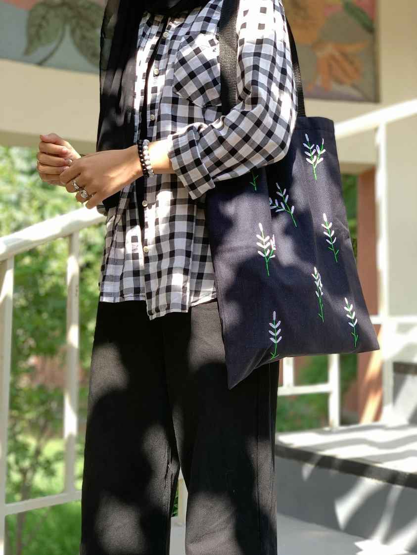 Black Tote Bag Embroidery with Small Flowers Design - Tote Baggs