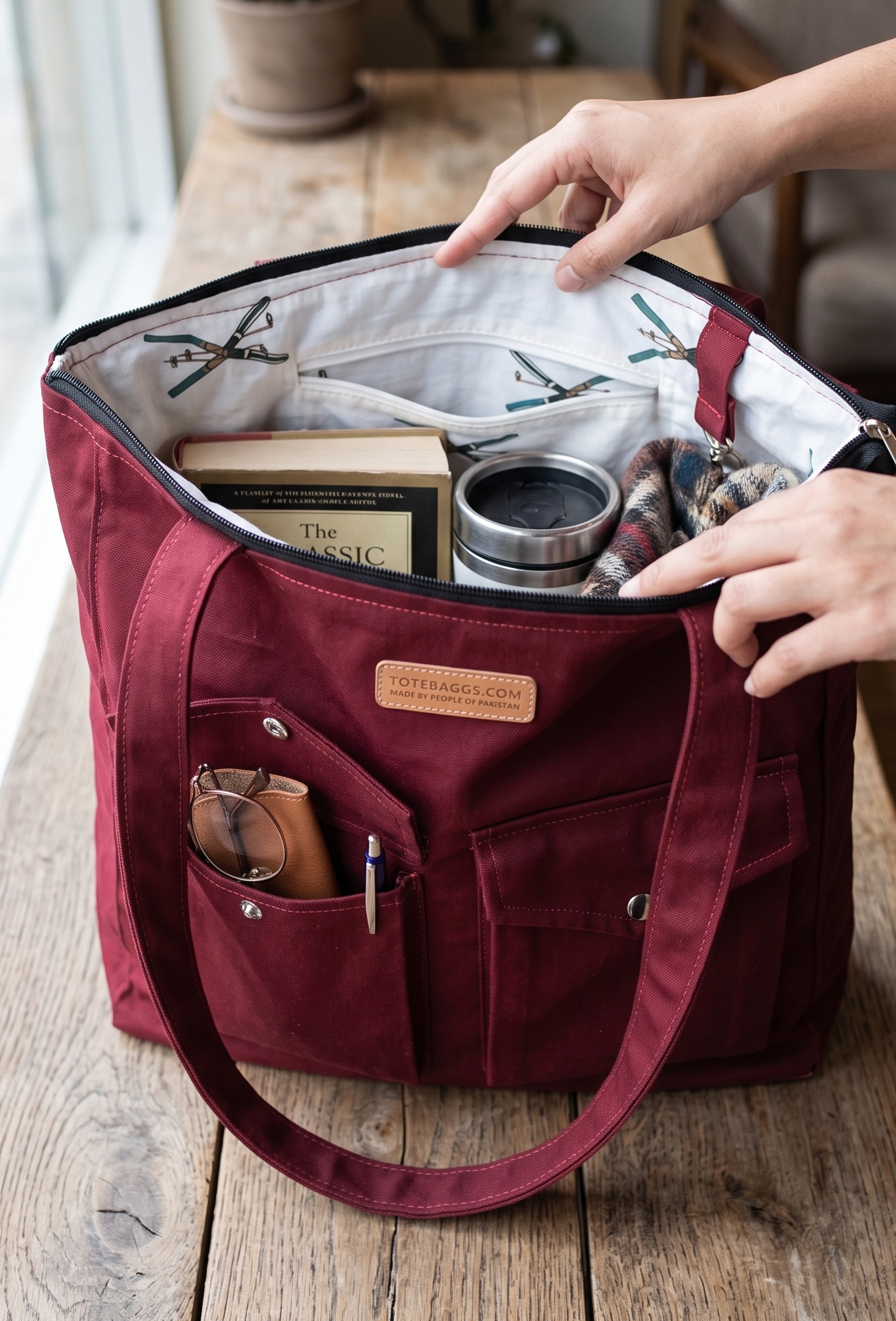 Canvas tote bag with zipper and two pockets available in black, navy, sand grey and maroon