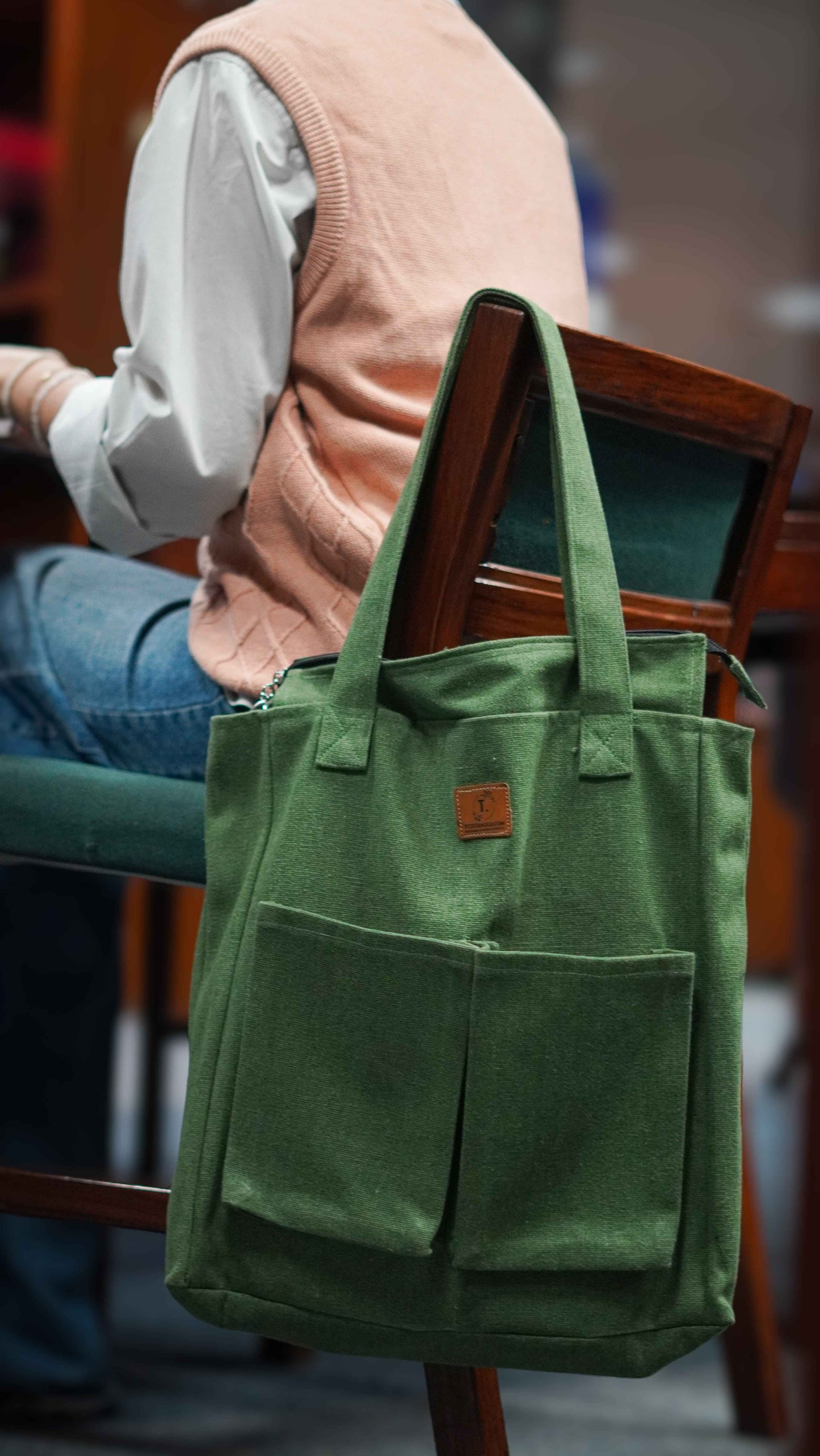 Canvas Green Tote Bag - Double Pocket Design for Stylish Storage - Tote Baggs