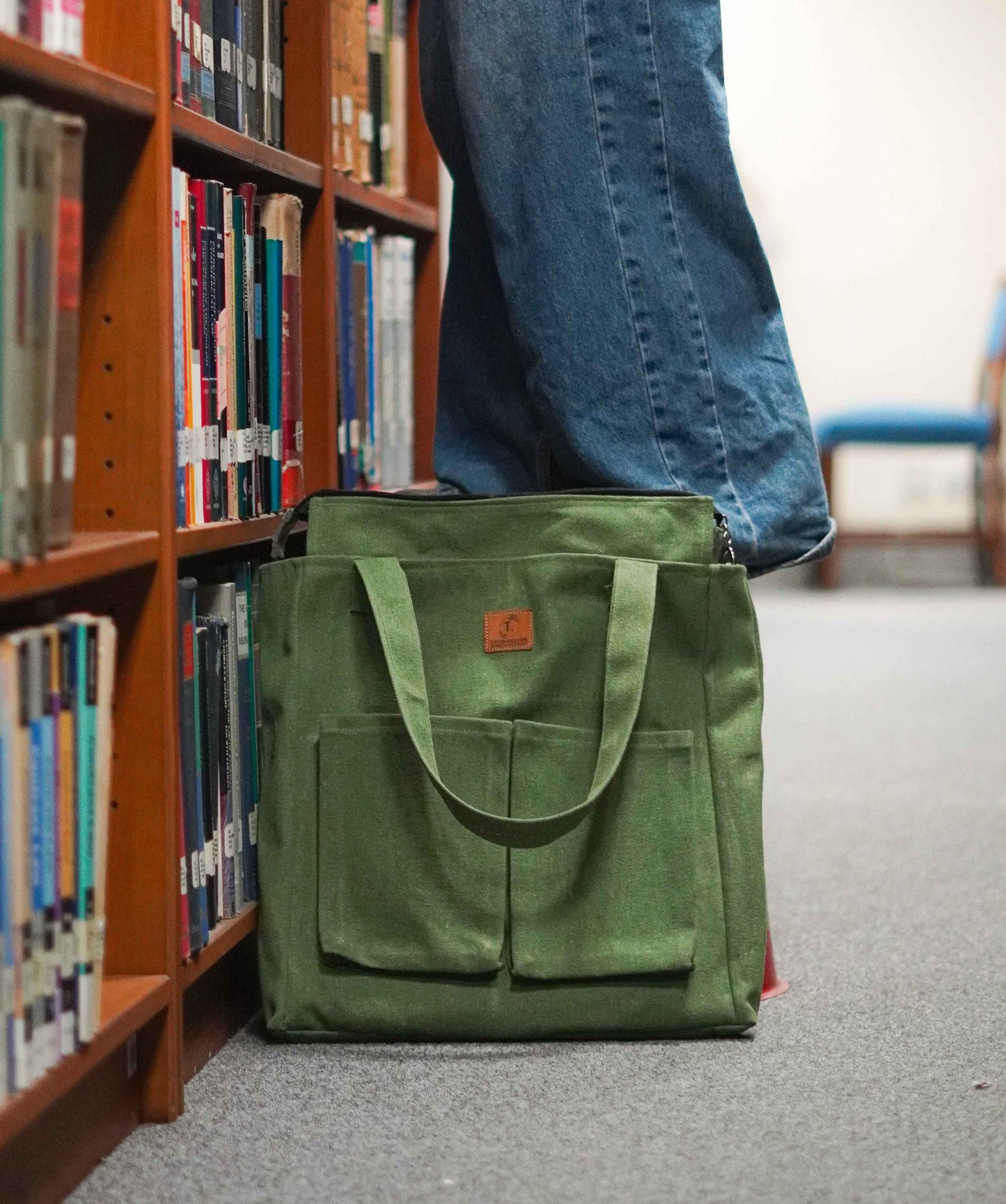 Canvas Green Tote Bag - Double Pocket Design for Stylish Storage - Tote Baggs