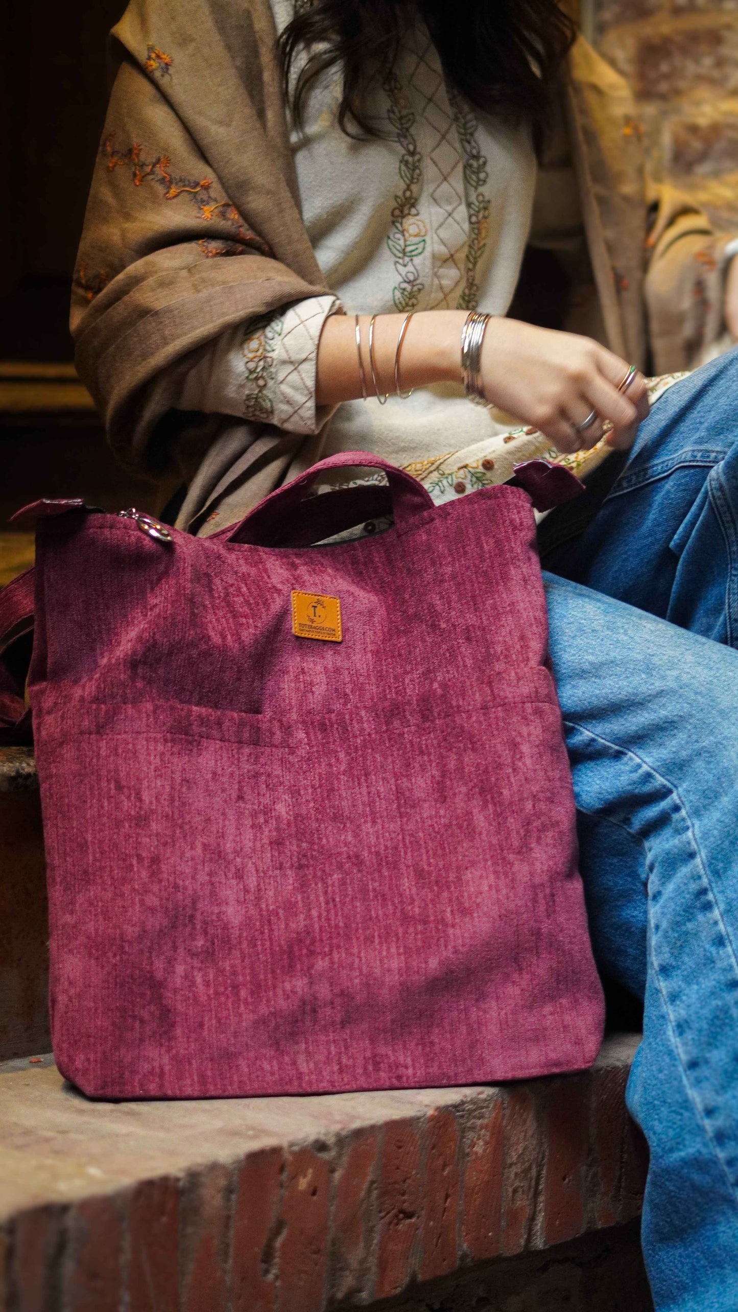 Corduroy Tote Bag Maroon - Premium 2 Pocket Tote - Tote Baggs