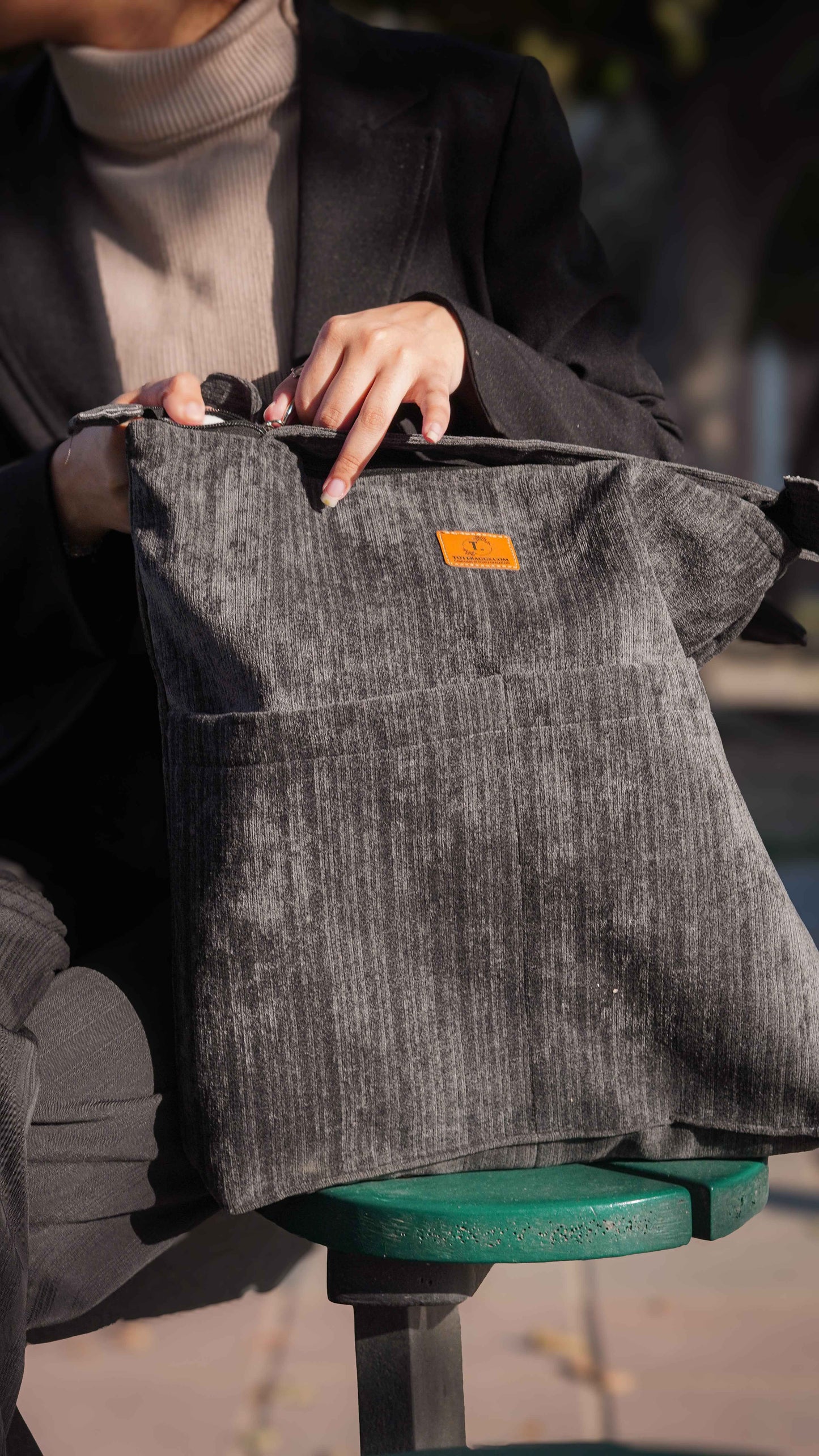Grey Corduroy Tote - Premium Double Pocket Design - Tote Baggs