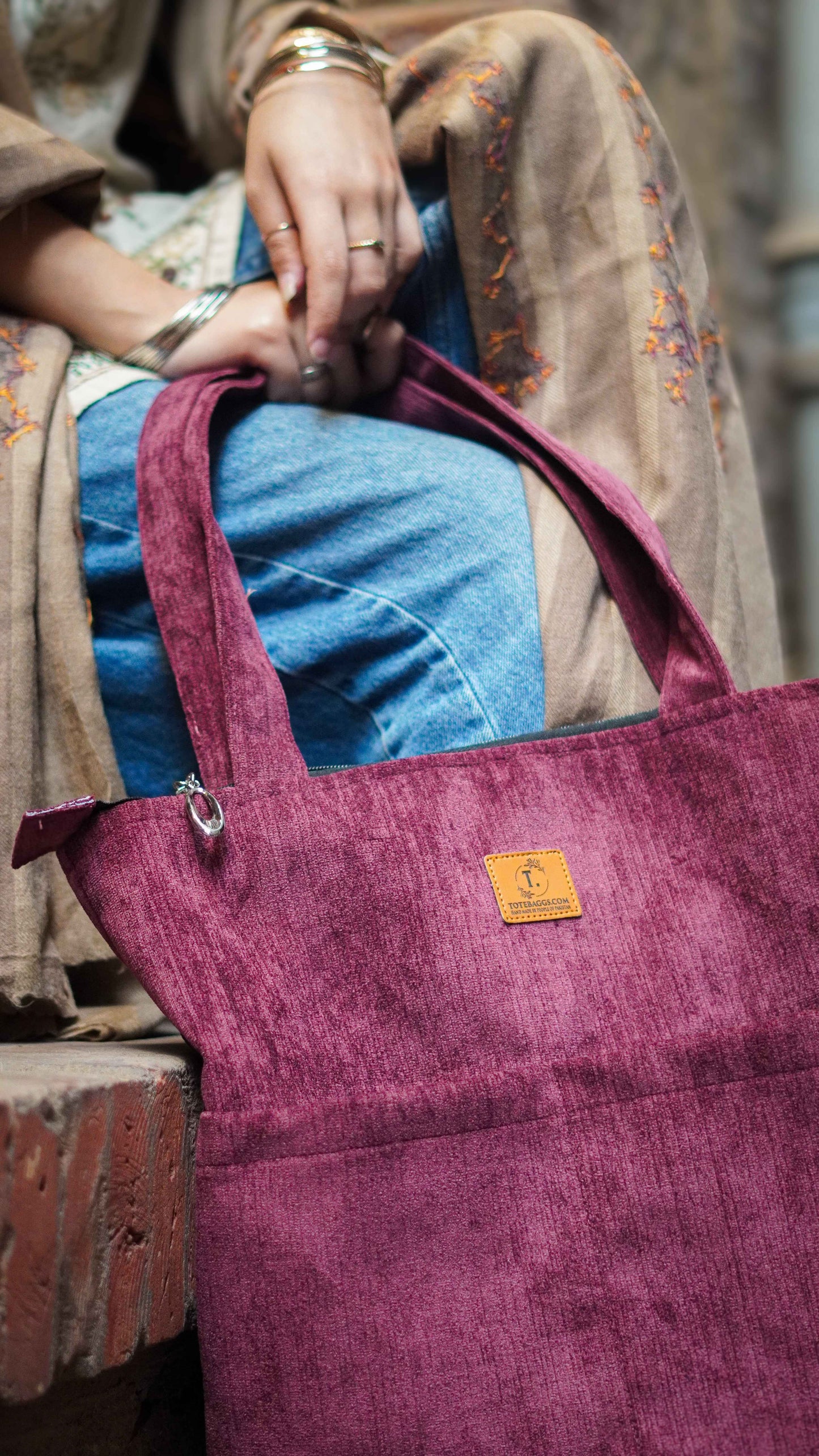 Corduroy Tote Bag Maroon - Premium 2 Pocket Tote - Tote Baggs