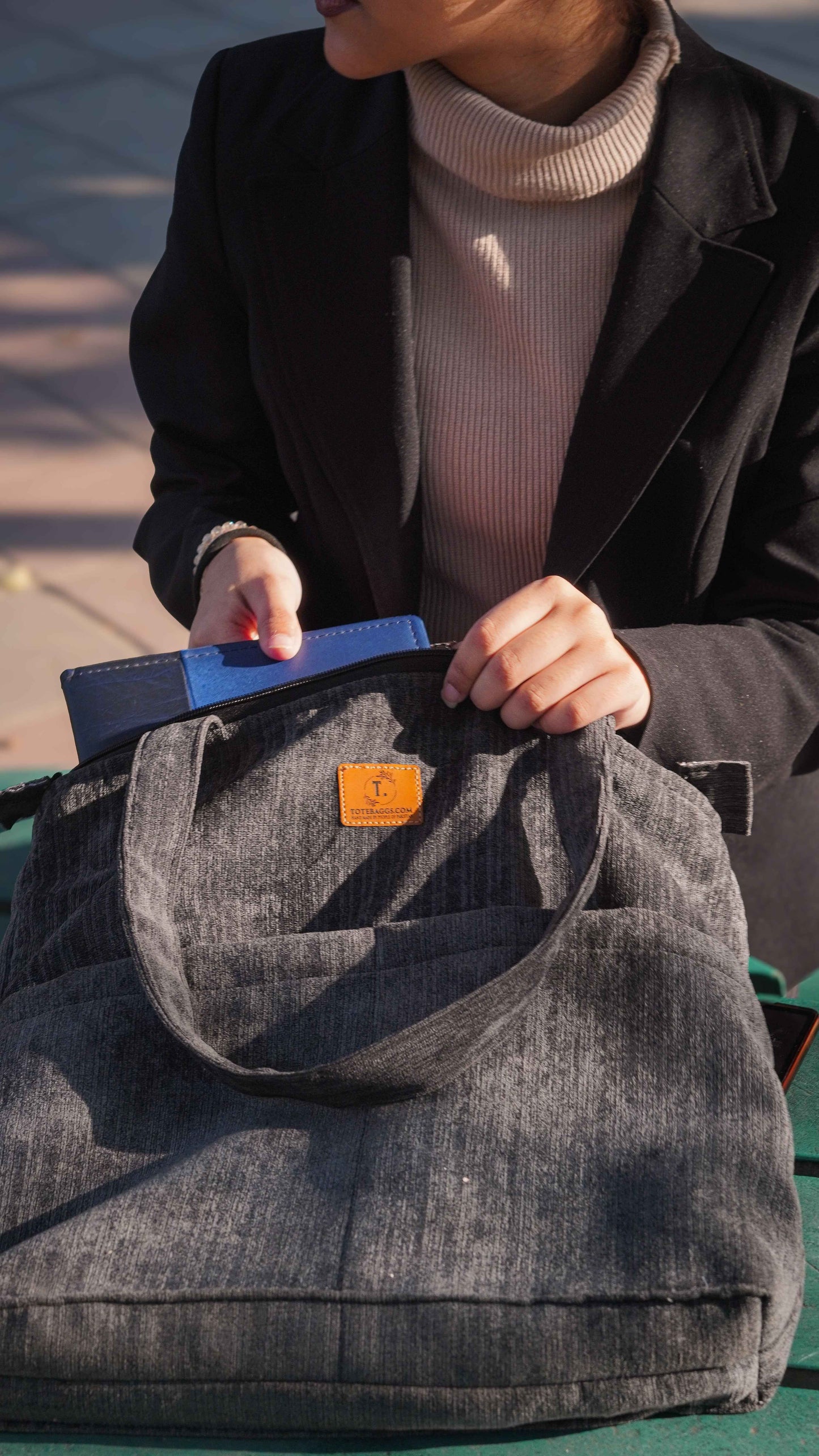 Grey Corduroy Tote - Premium Double Pocket Design - Tote Baggs