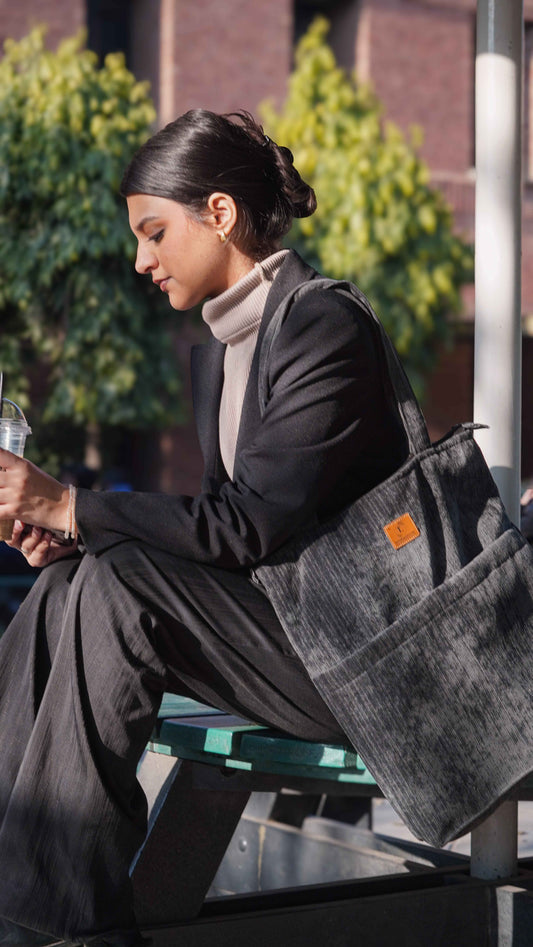 Grey Corduroy Tote - Premium Double Pocket Design - Tote Baggs