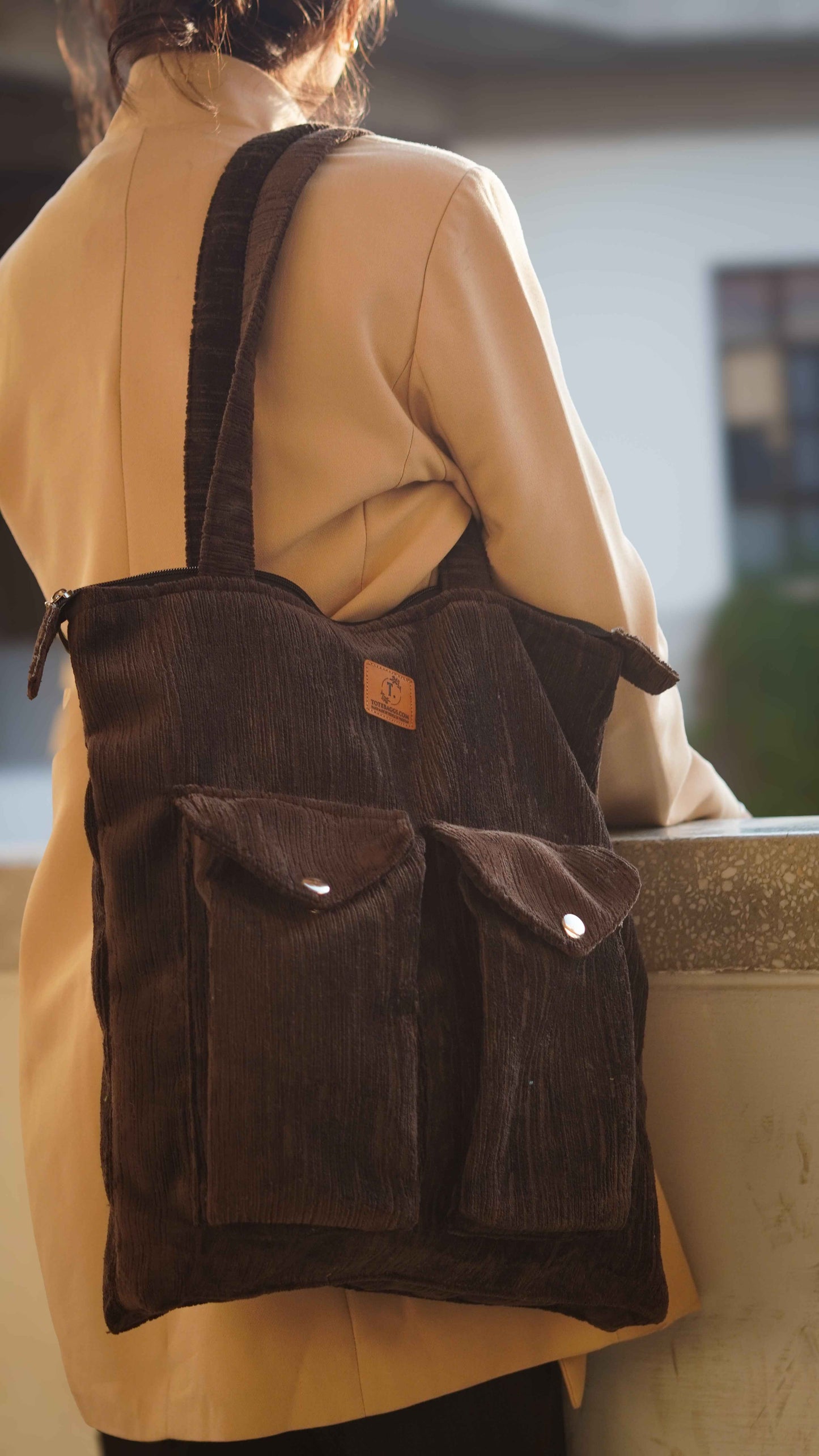Chocolate Brown Corduroy Tote - Stylish 2 Pocket - Tote Baggs