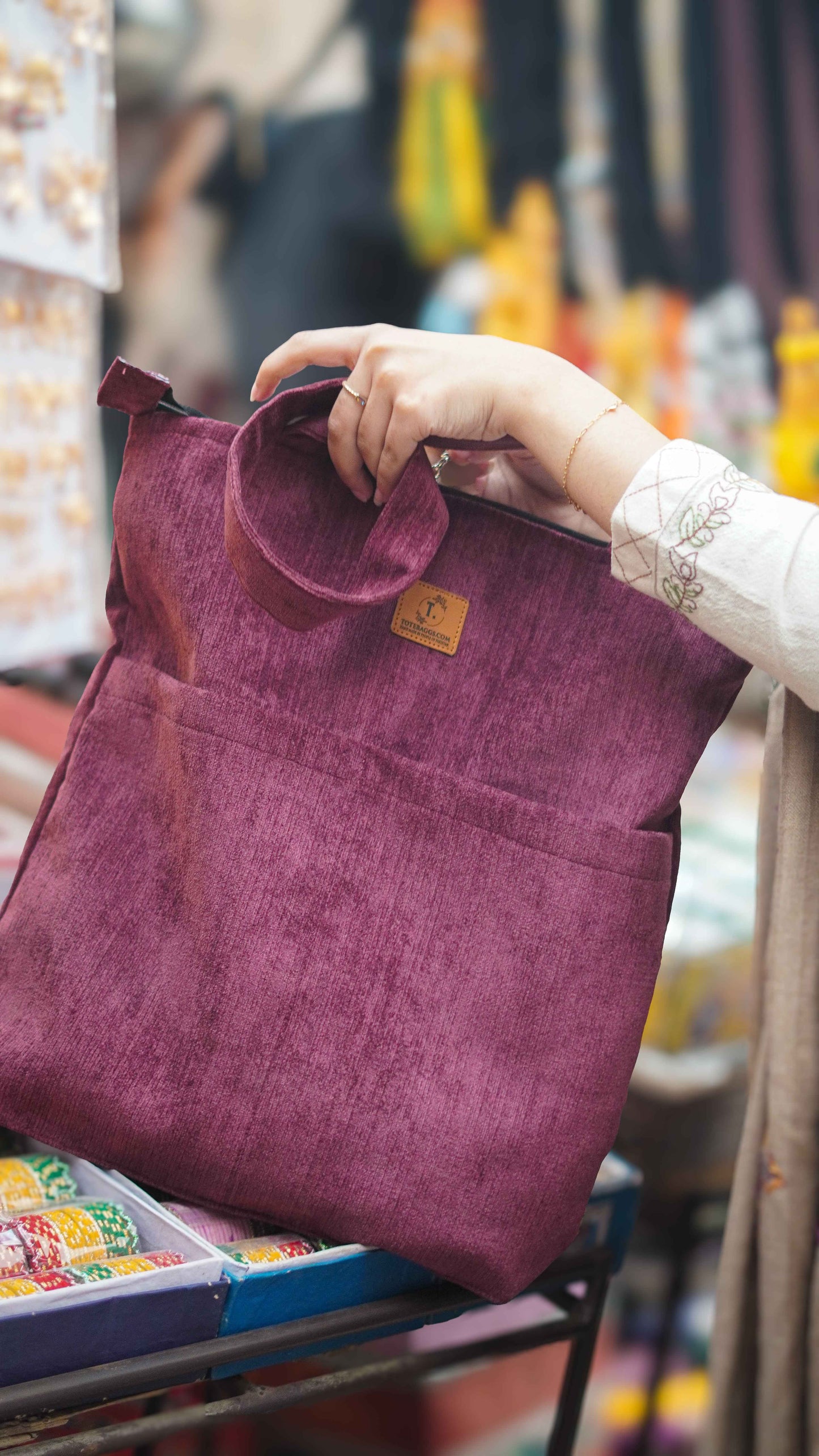 Corduroy Tote Bag Maroon - Premium 2 Pocket Tote - Tote Baggs