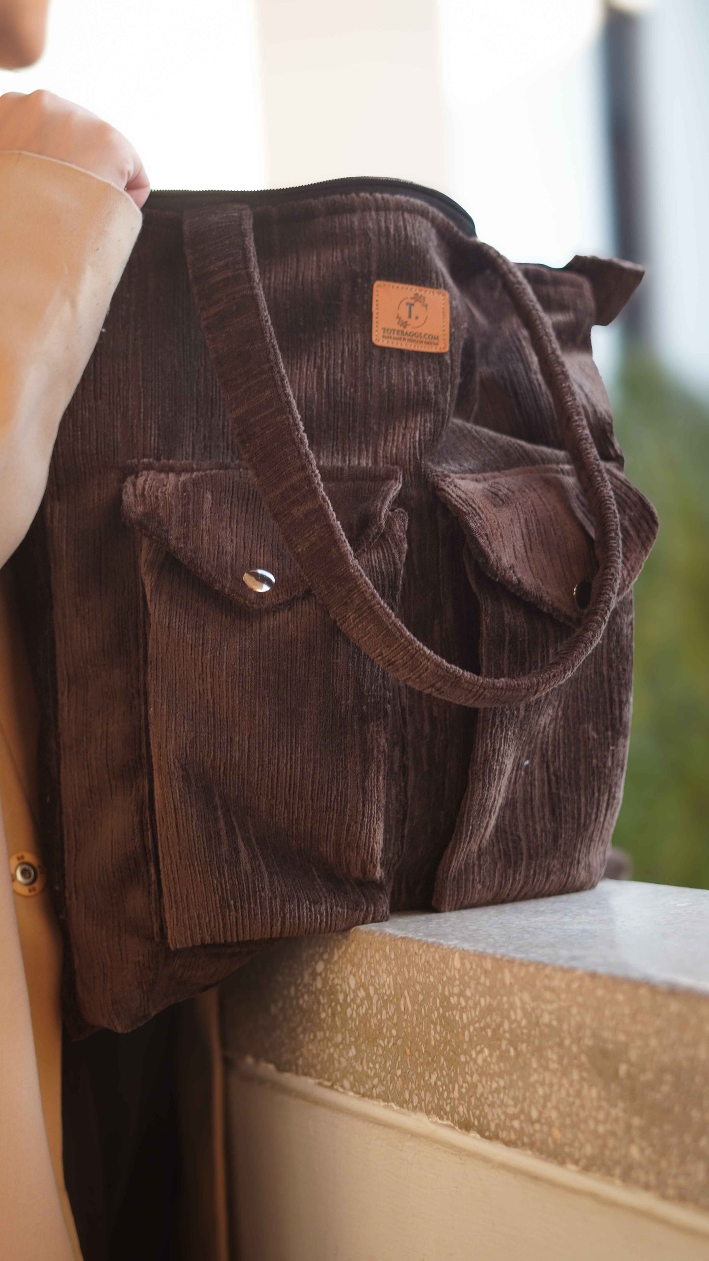 Chocolate Brown Corduroy Tote - Stylish 2 Pocket - Tote Baggs