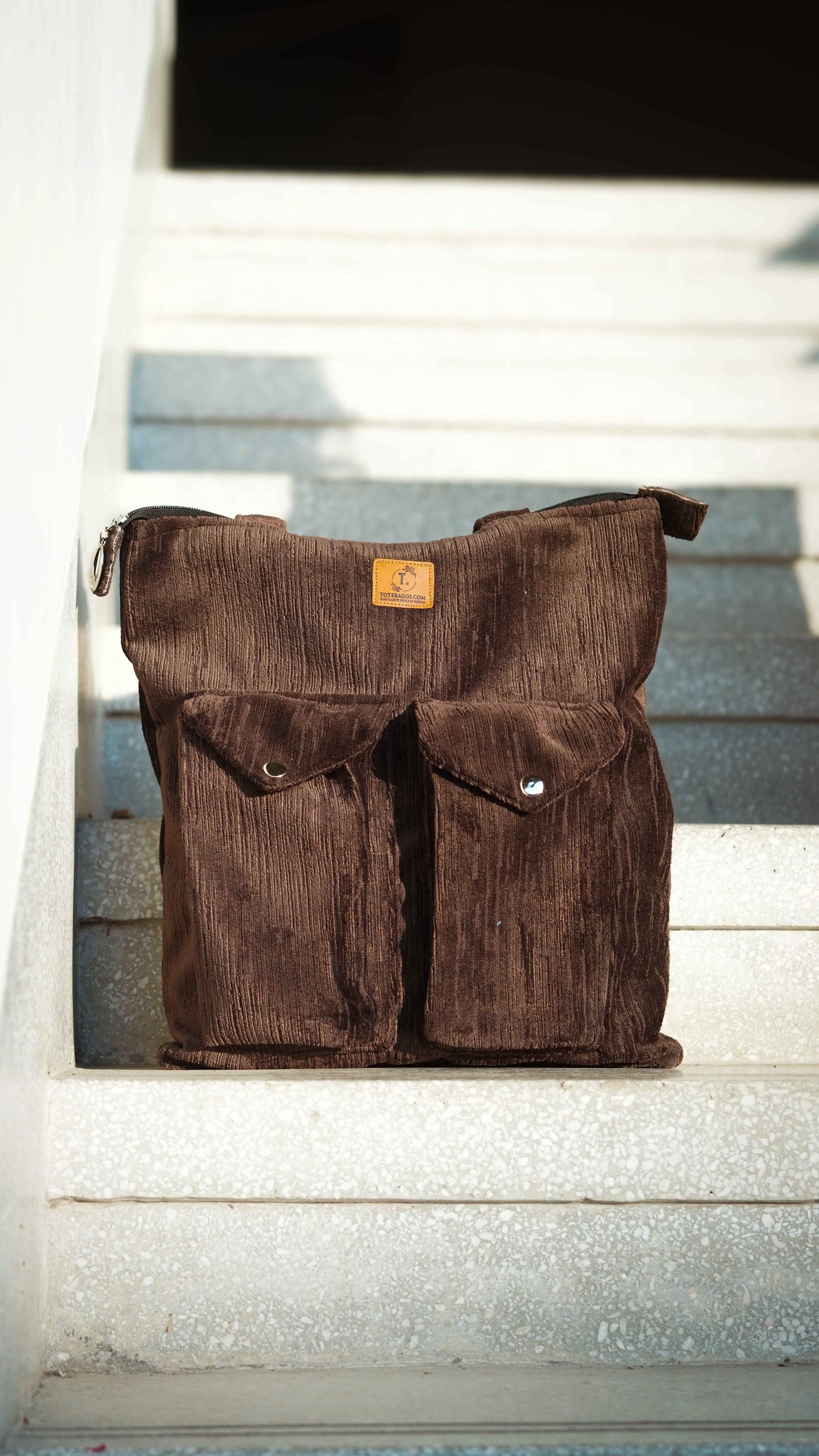 Chocolate Brown Corduroy Tote - Stylish 2 Pocket - Tote Baggs