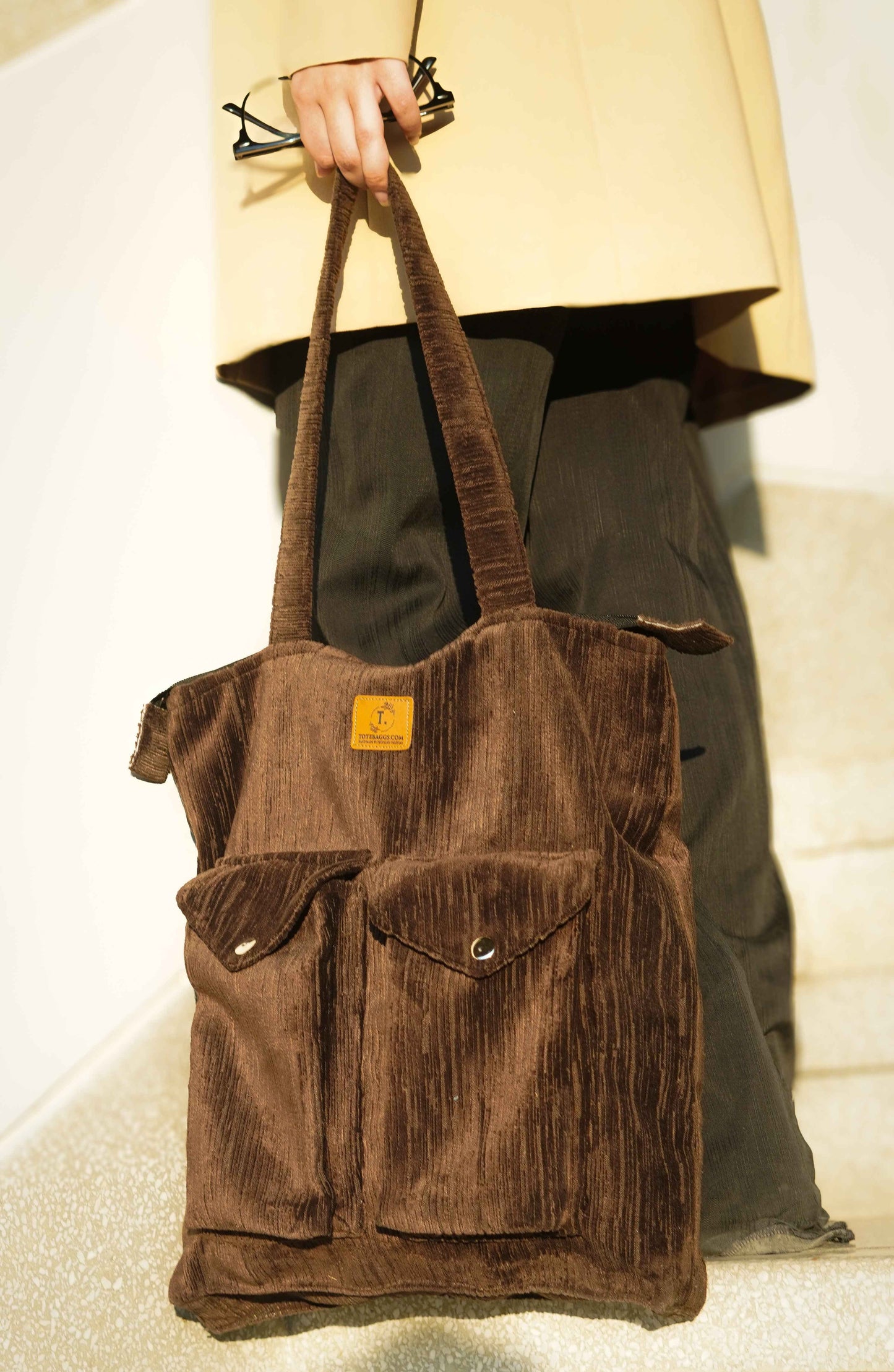 Chocolate Brown Corduroy Tote - Stylish 2 Pocket - Tote Baggs