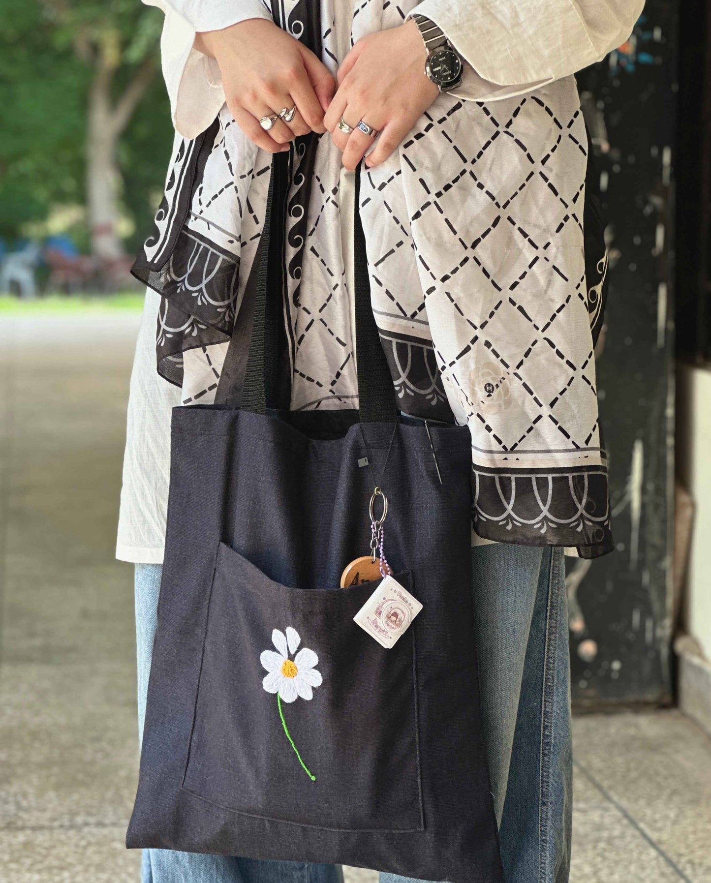 Black Embroidered Tote Bag with Flower Design - Tote Baggs