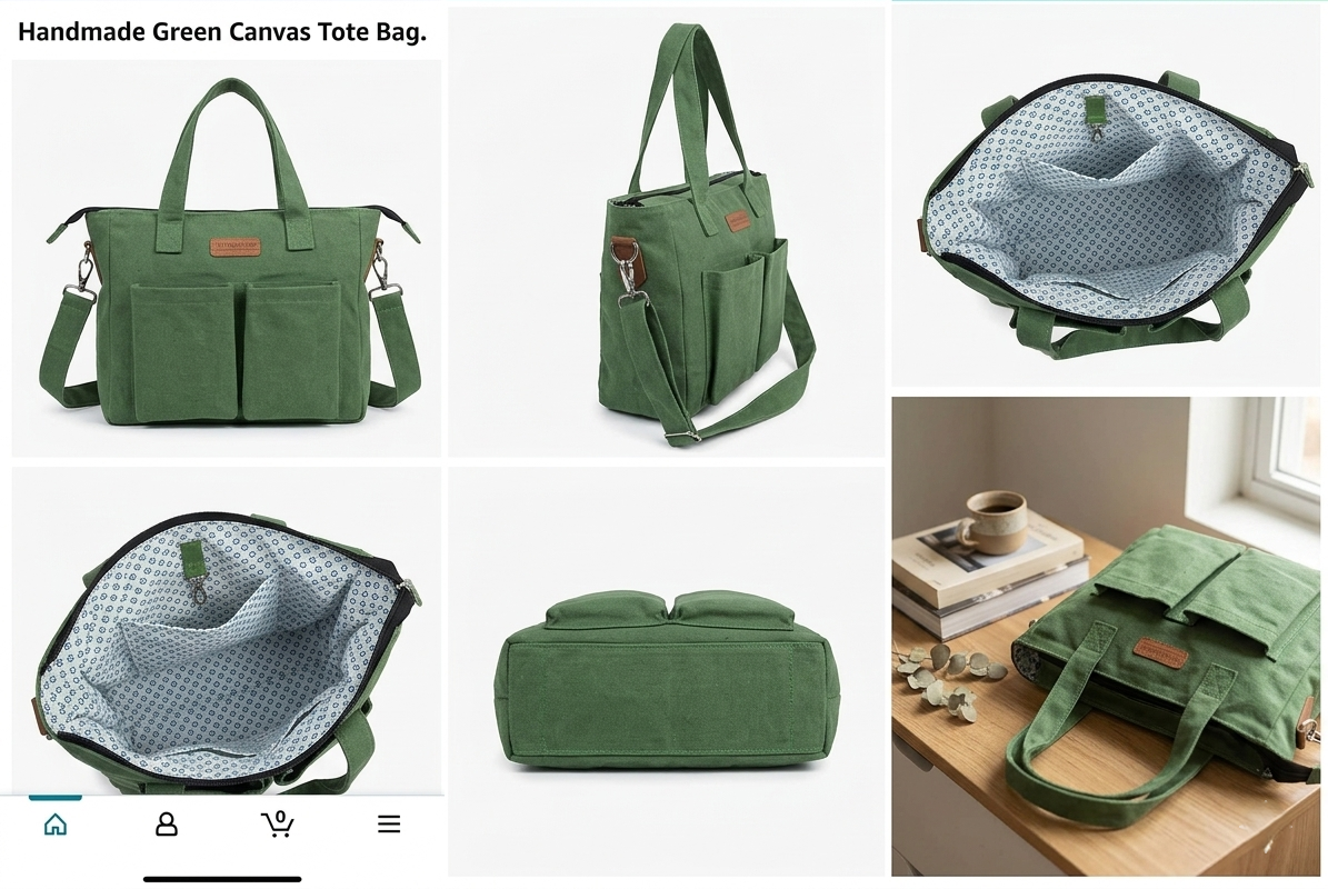 Handmade Green Canvas Crossbody Tote Bag with Organizers