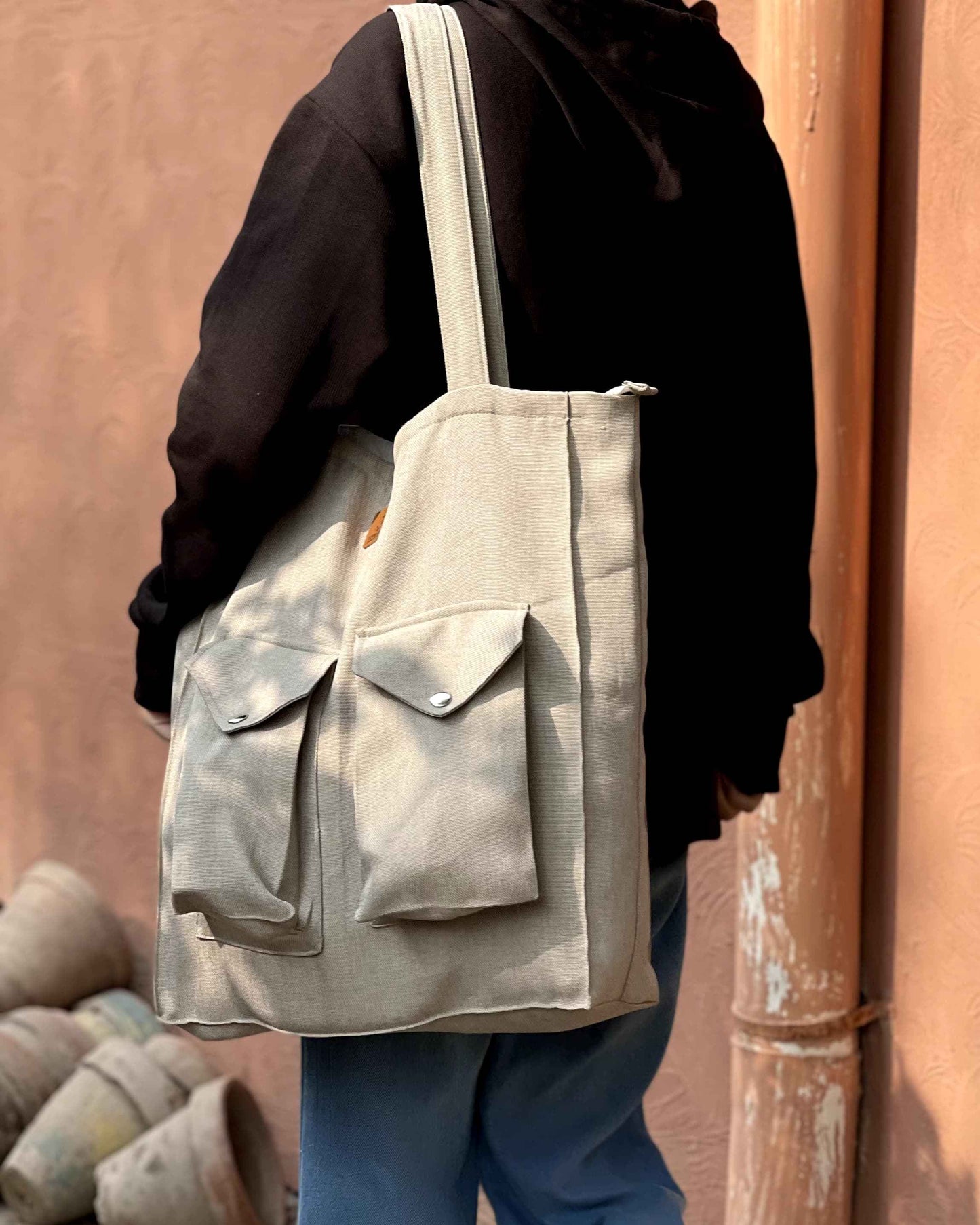 Sand Grey Tote Bag with Zipper - Stylish 2 Pocket Design - Tote Baggs