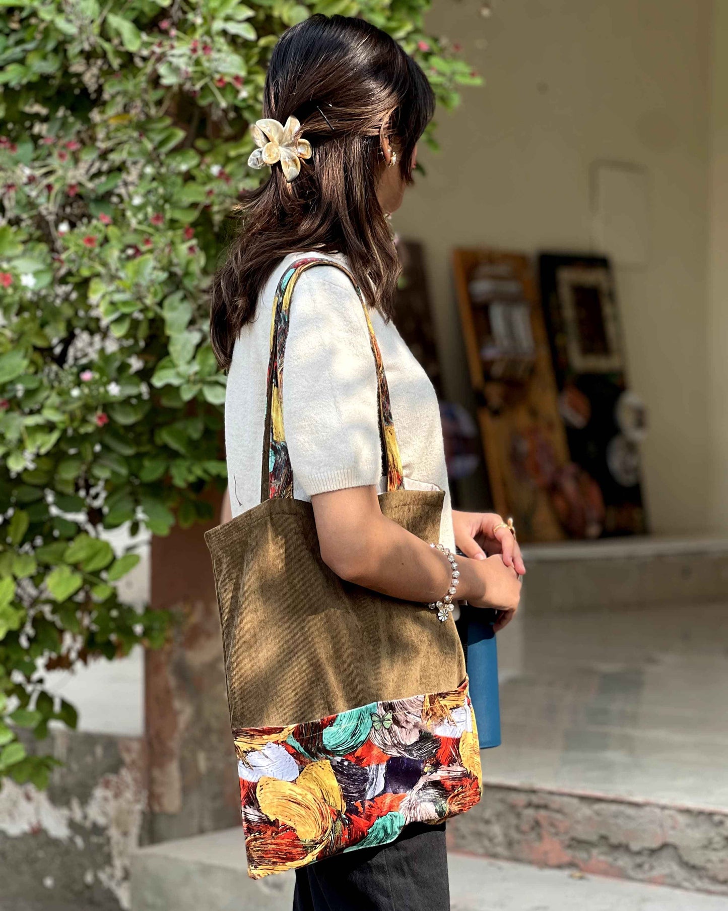 Green Leaves Tote Bag - Stylish Corduroy Design - Tote Baggs