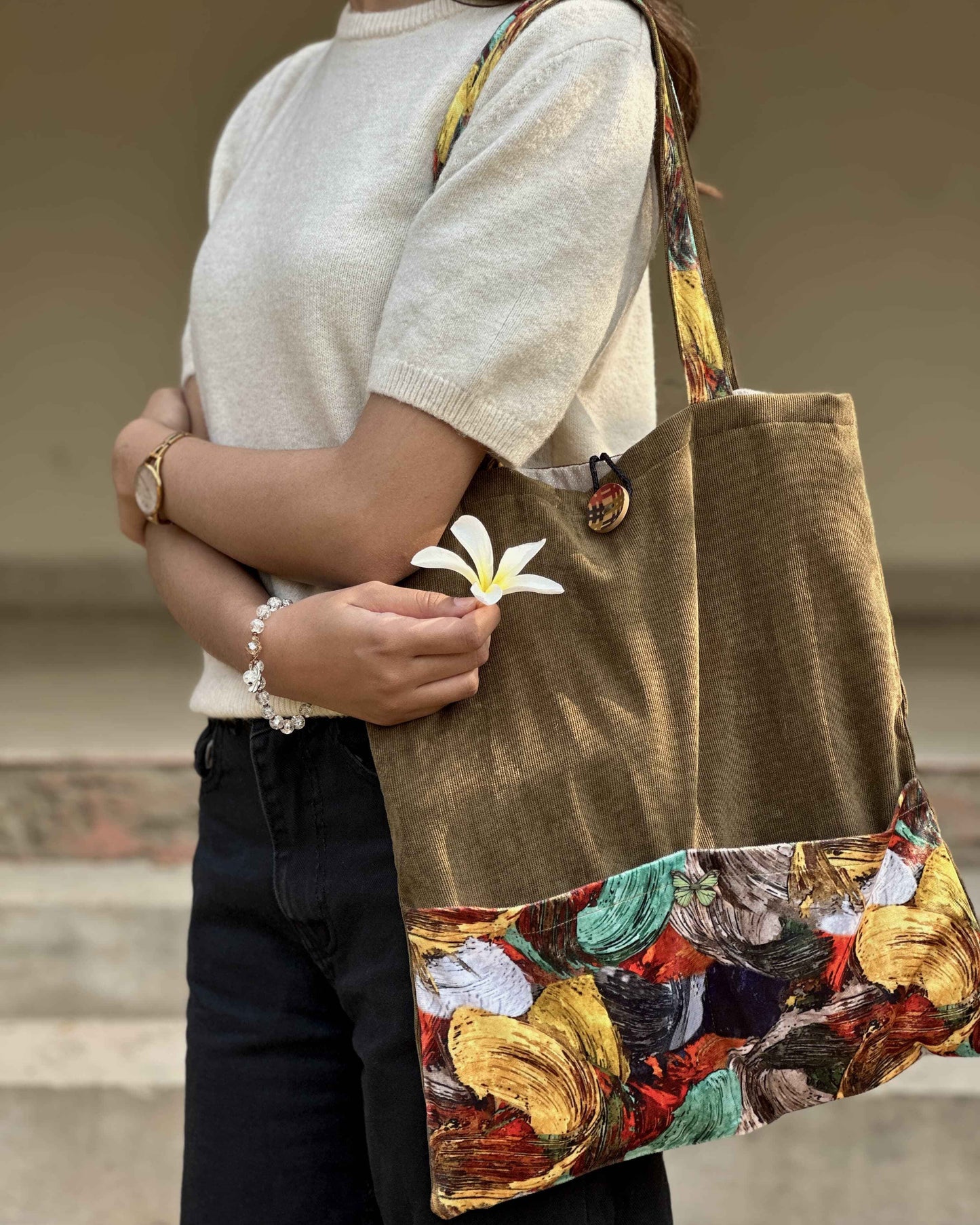 Green Leaves Tote Bag - Stylish Corduroy Design - Tote Baggs