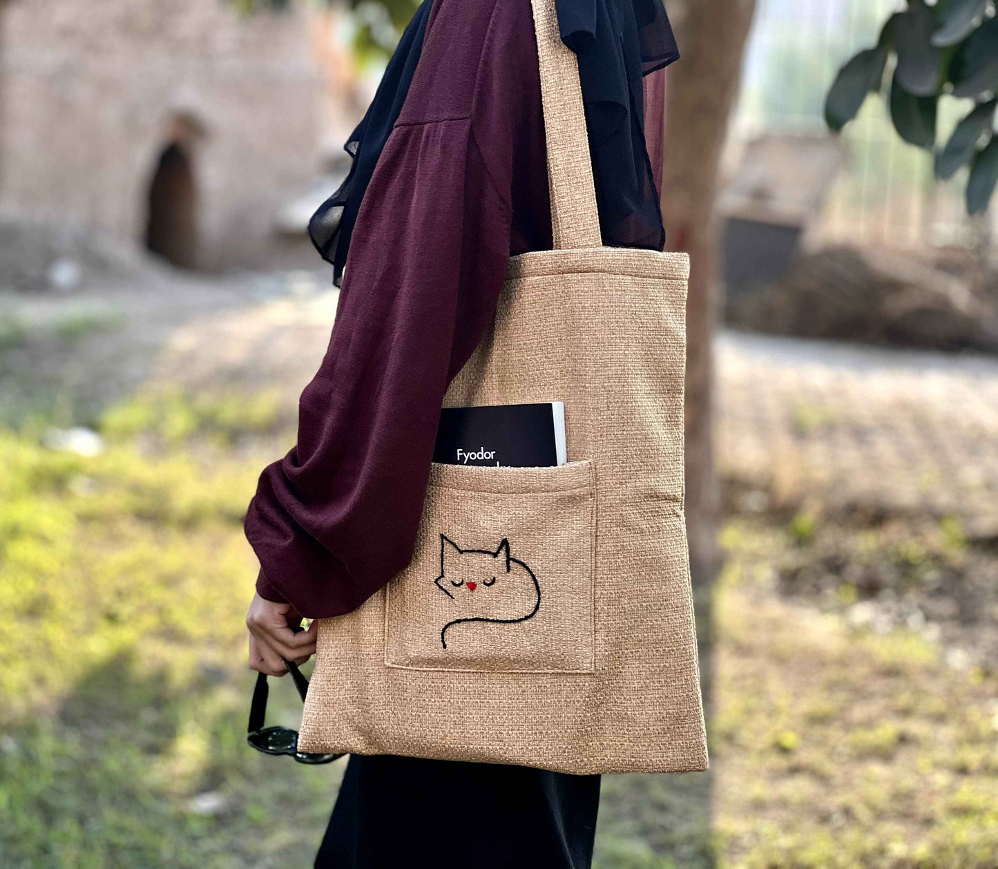 Handmade Golden Tote Bag -Cat Embroidery - Tote Baggs
