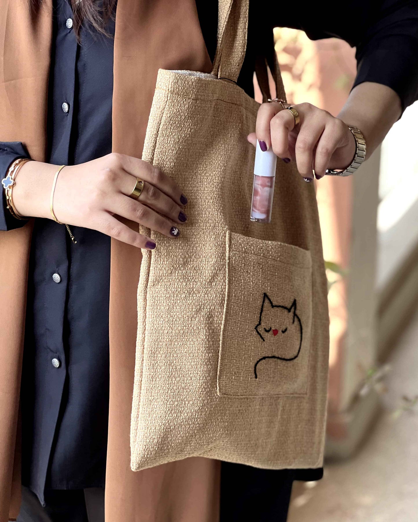 Handmade Golden Tote Bag -Cat Embroidery - Tote Baggs
