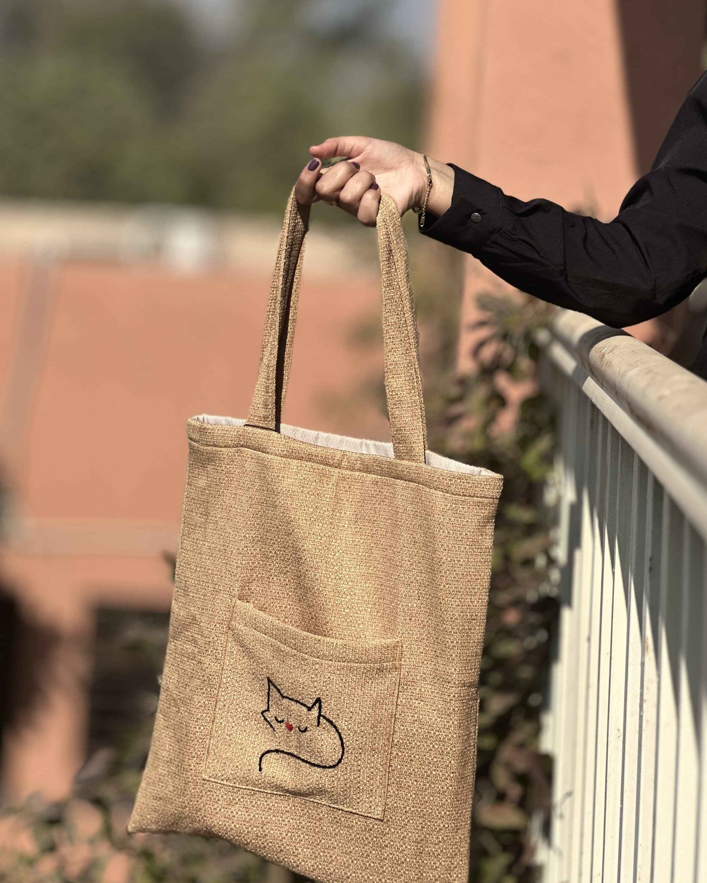 Handmade Golden Tote Bag -Cat Embroidery - Tote Baggs