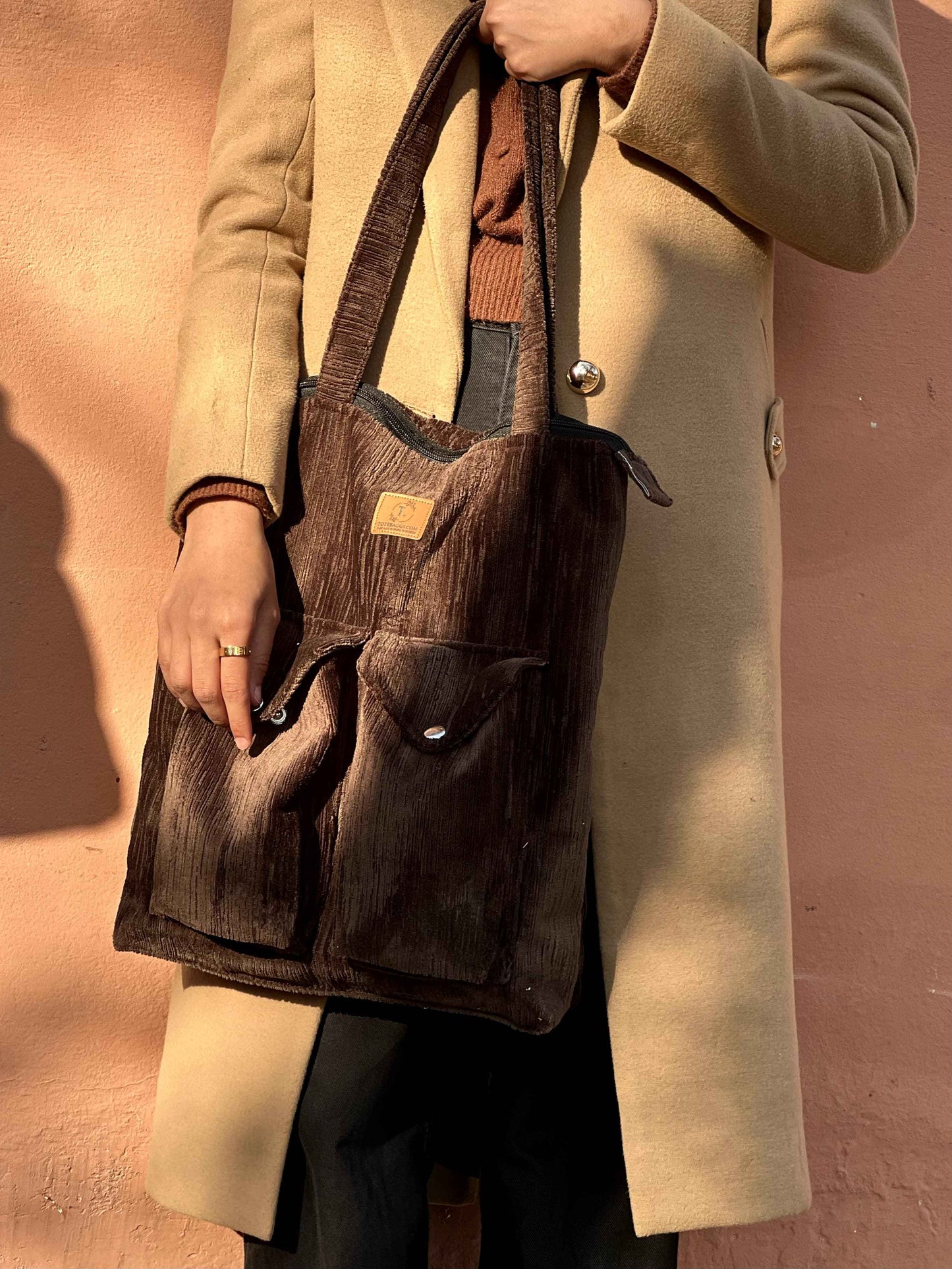 Chocolate Brown Corduroy Tote - Stylish 2 Pocket - Tote Baggs