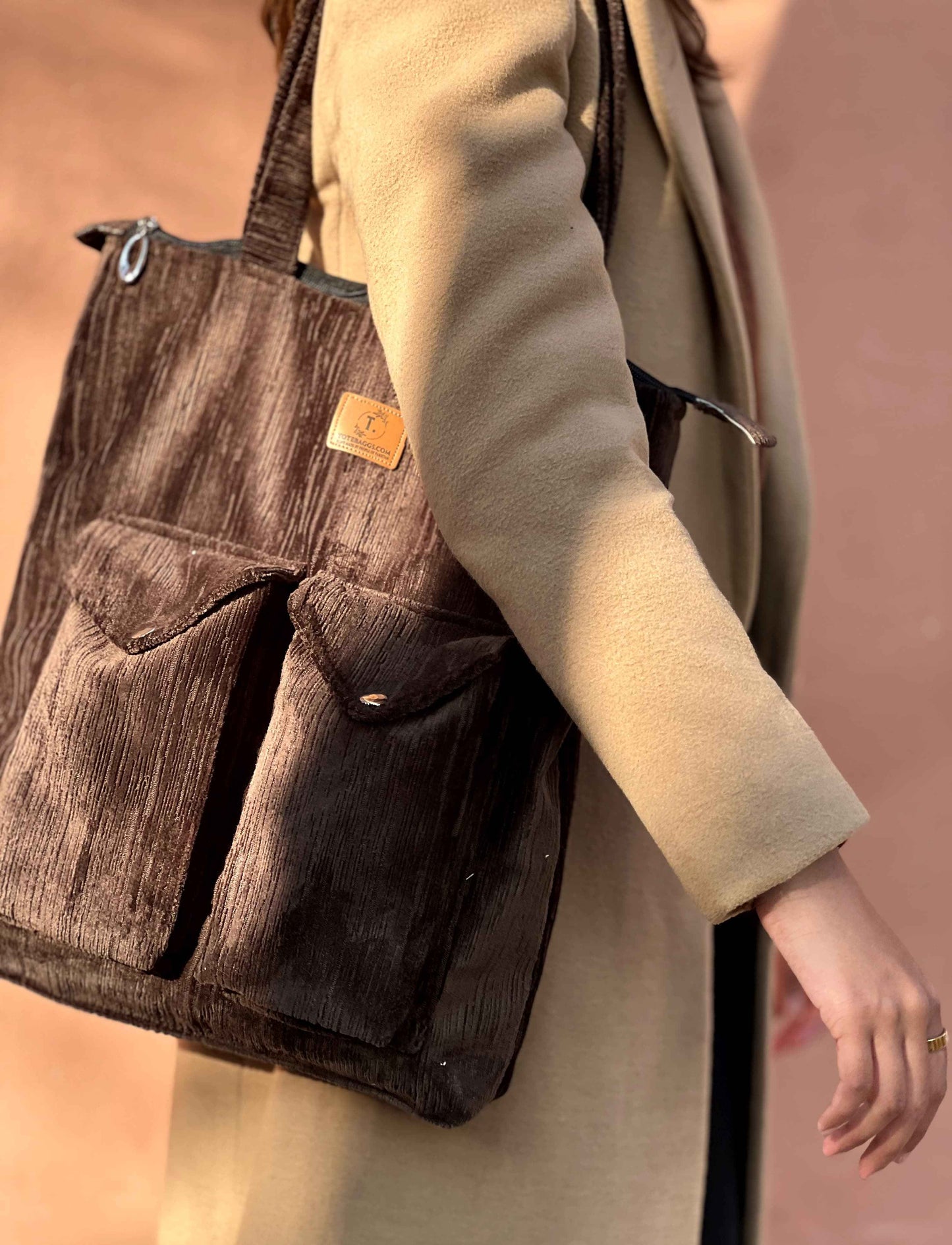Chocolate Brown Corduroy Tote - Stylish 2 Pocket - Tote Baggs
