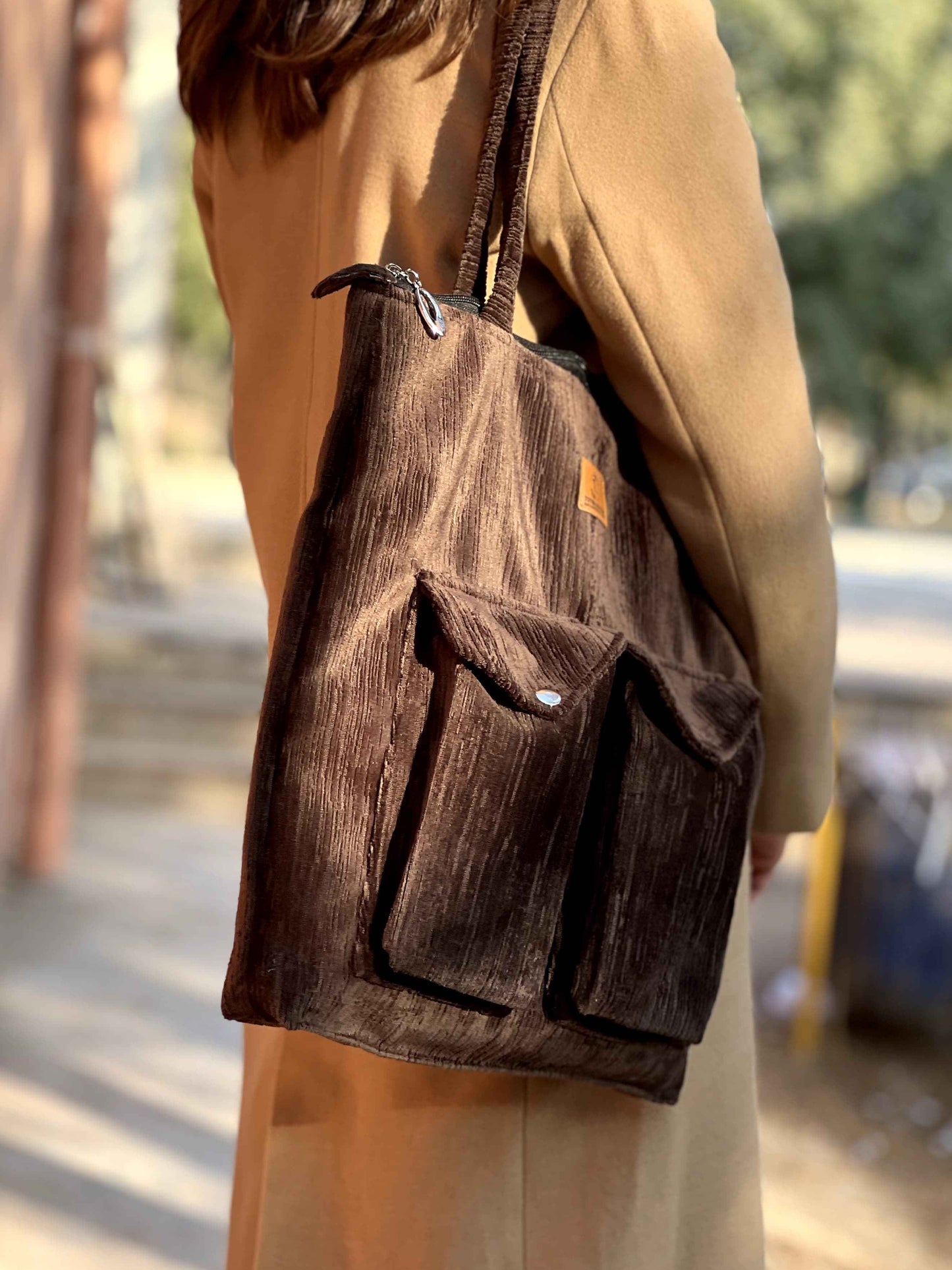 Chocolate Brown Corduroy Tote - Stylish 2 Pocket - Tote Baggs