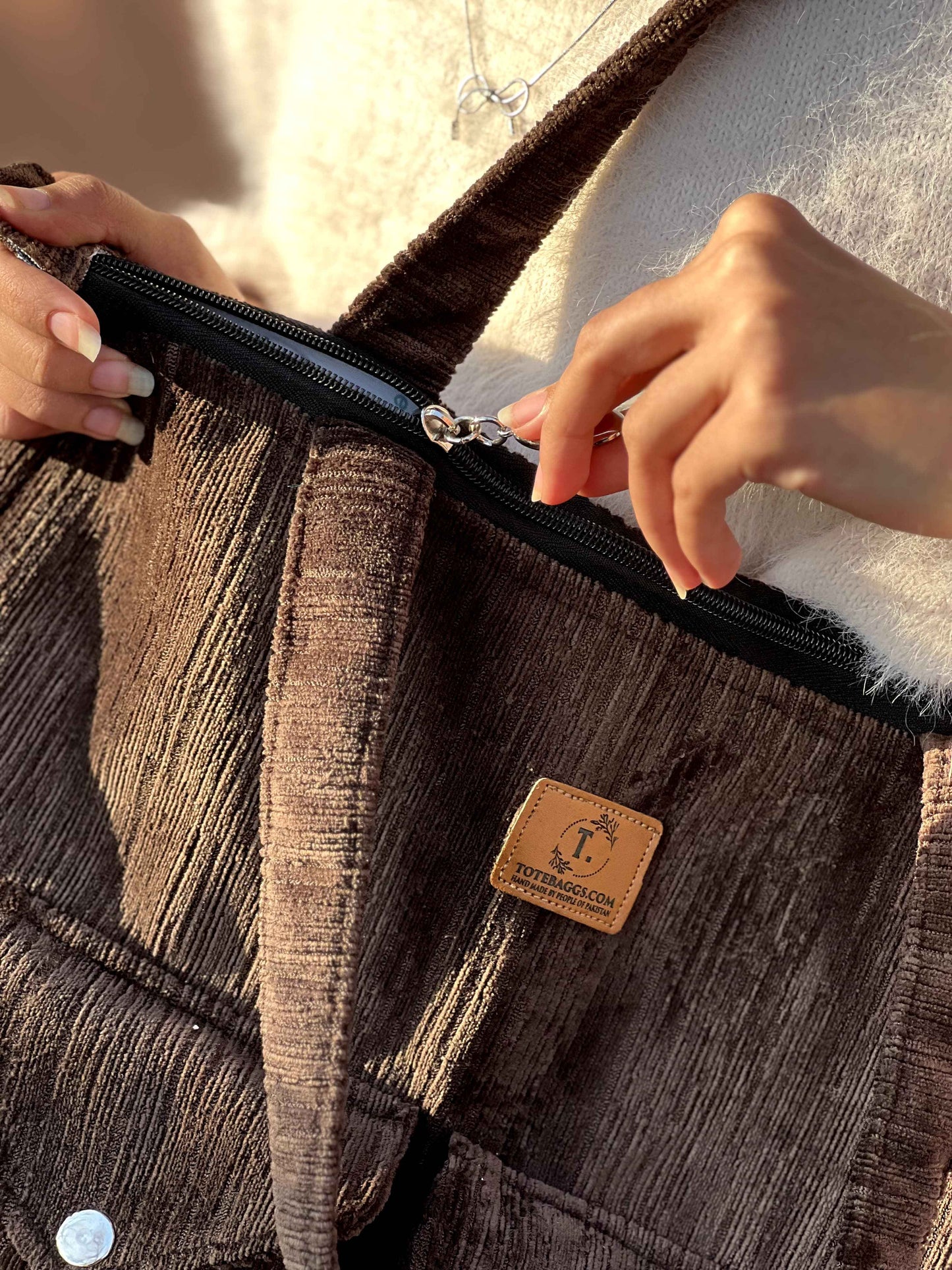 Chocolate Brown Corduroy Tote - Stylish 2 Pocket - Tote Baggs