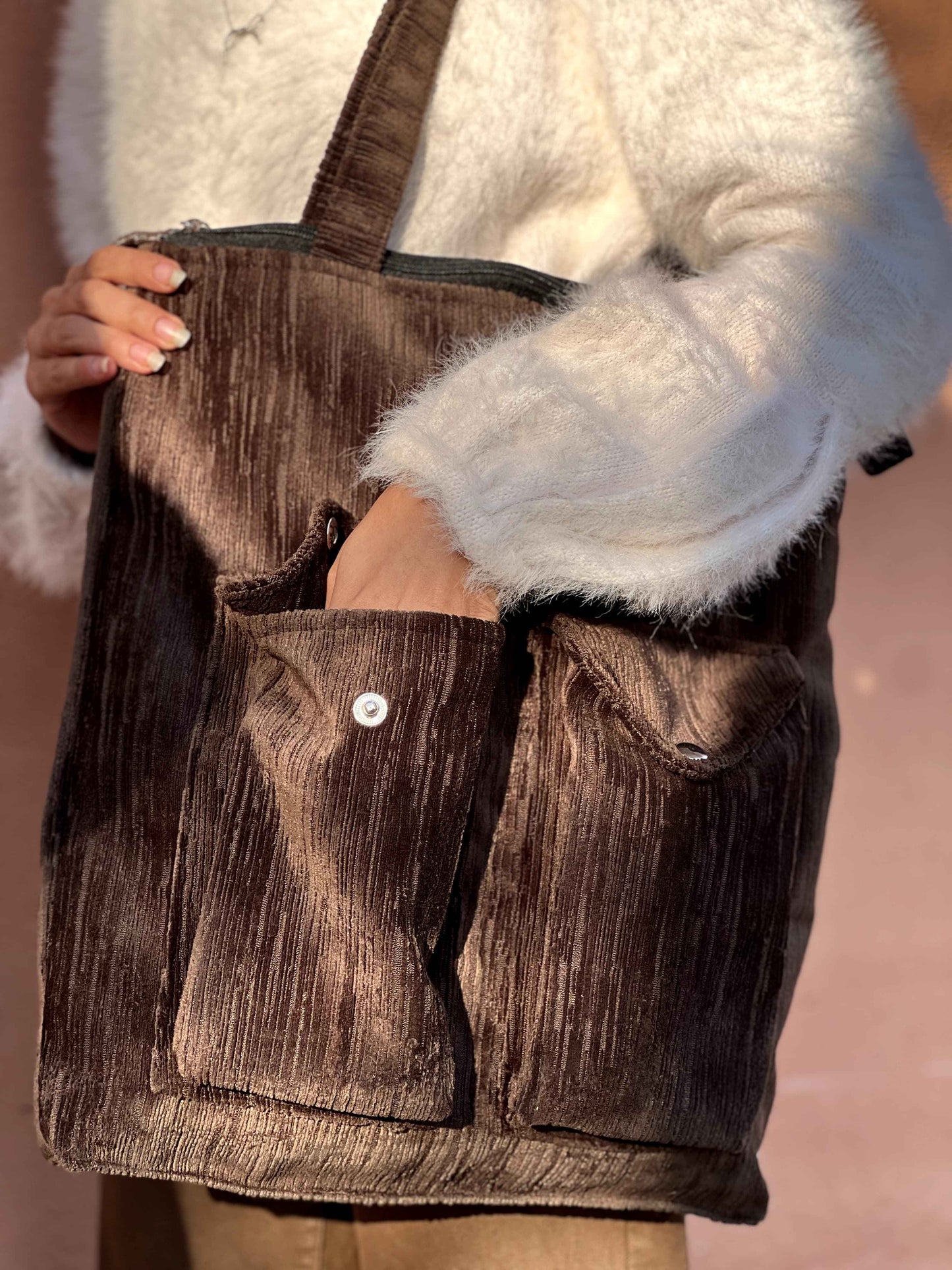 Chocolate Brown Corduroy Tote - Stylish 2 Pocket - Tote Baggs