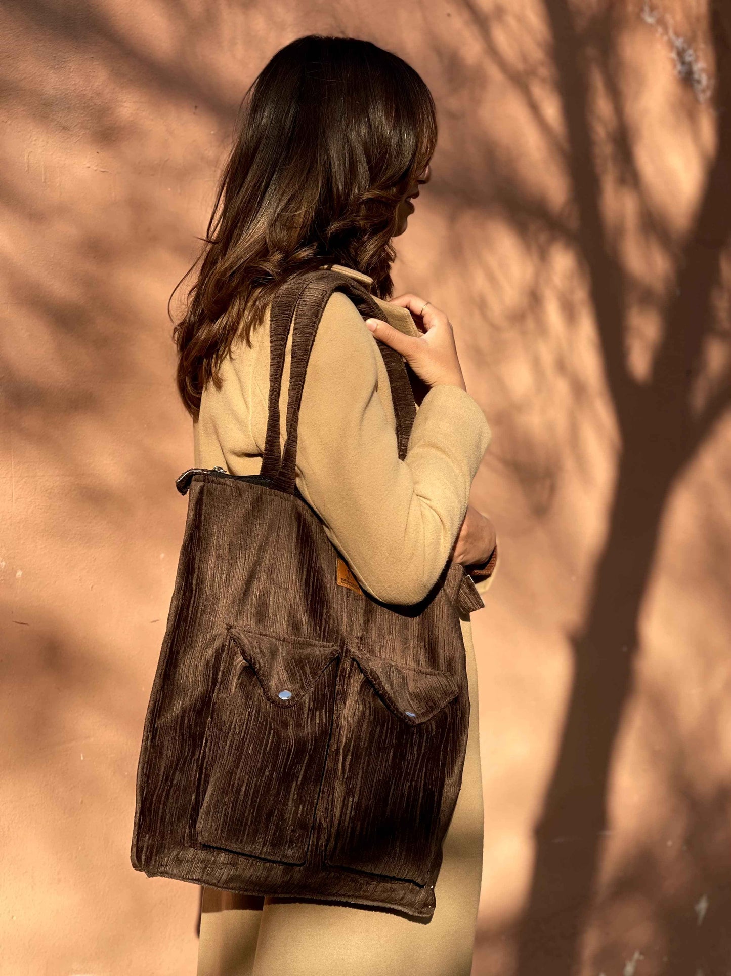 Chocolate Brown Corduroy Tote - Stylish 2 Pocket - Tote Baggs