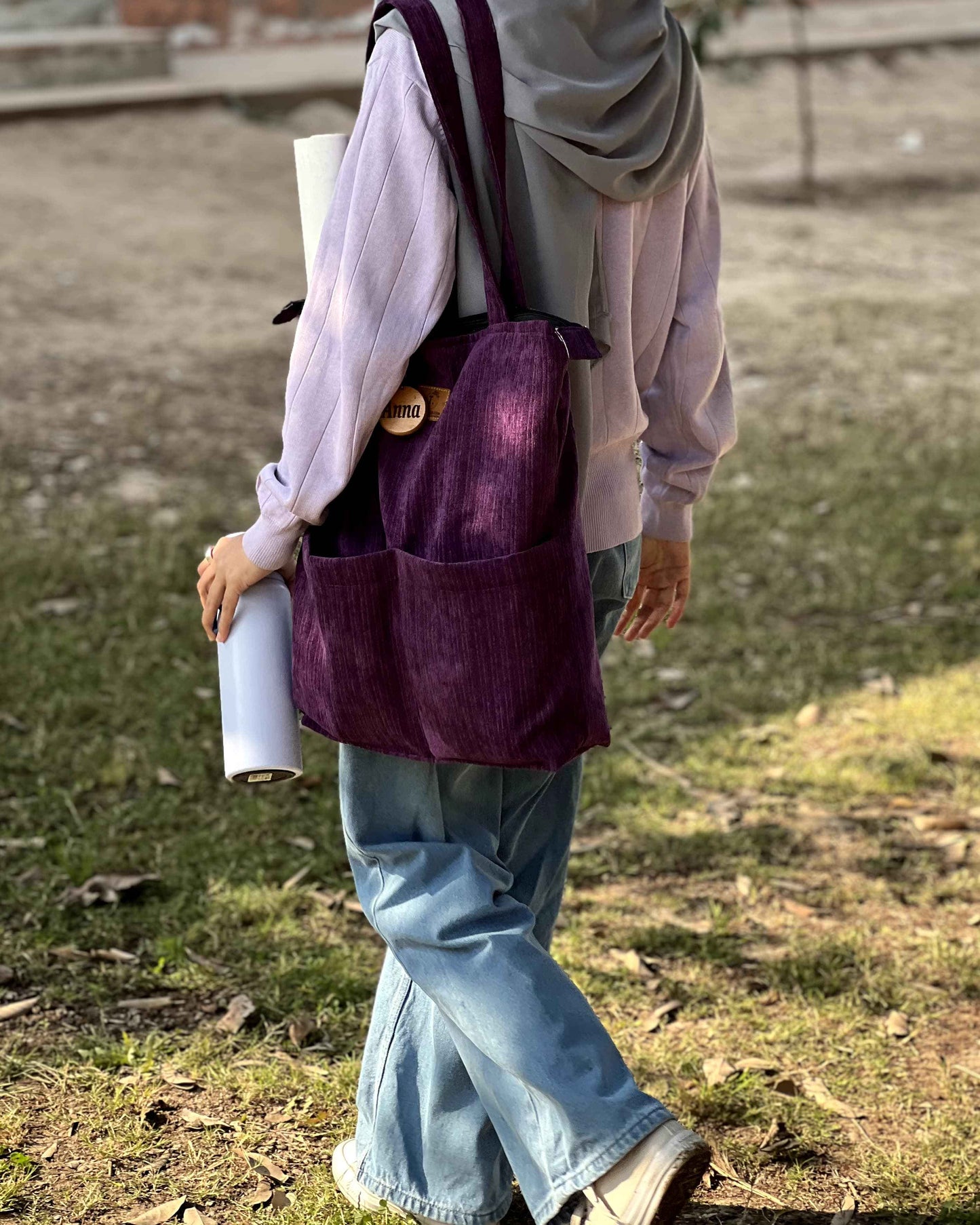 Corduroy Tote Bag Purple - Premium 2 Pocket Design - Tote Baggs