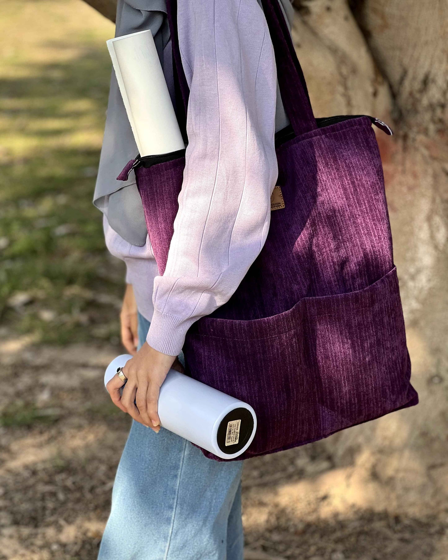Corduroy Tote Bag Purple - Premium 2 Pocket Design - Tote Baggs