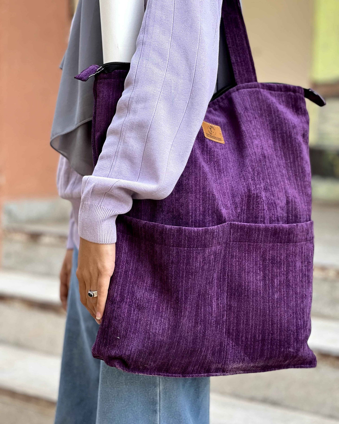 Corduroy Tote Bag Purple - Premium 2 Pocket Design - Tote Baggs