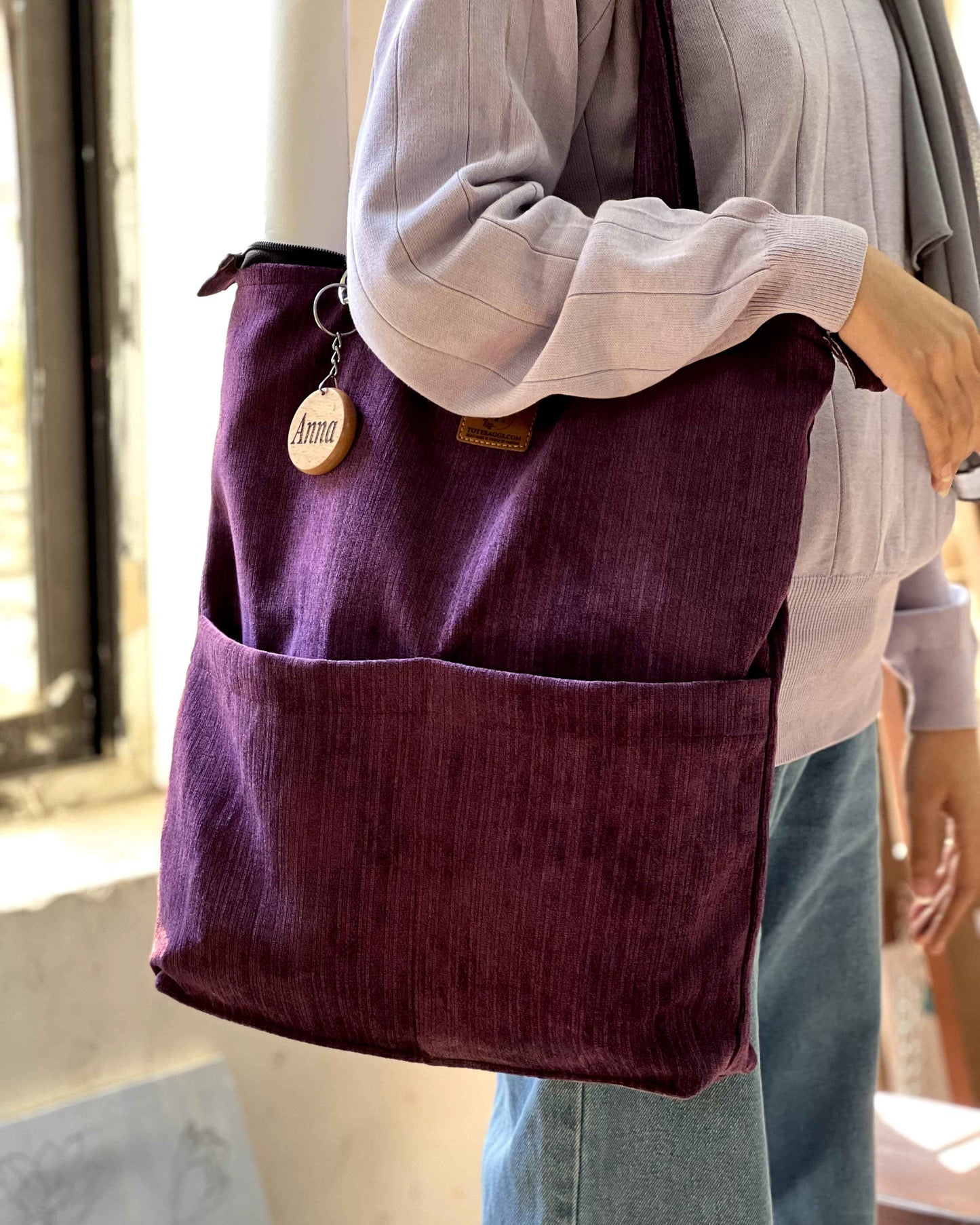 Corduroy Tote Bag Purple - Premium 2 Pocket Design - Tote Baggs