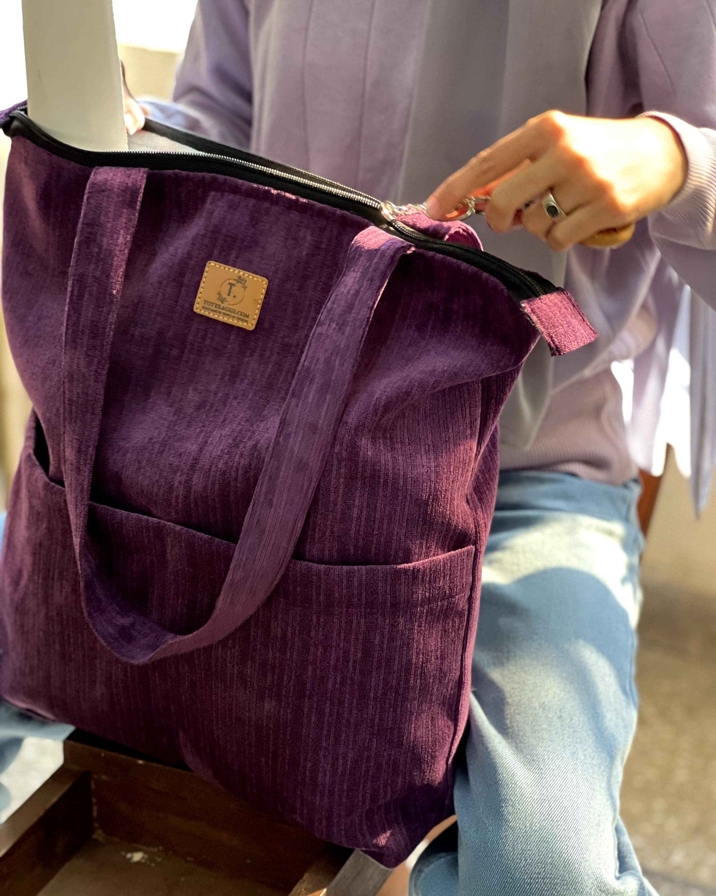 Corduroy Tote Bag Purple - Premium 2 Pocket Design - Tote Baggs