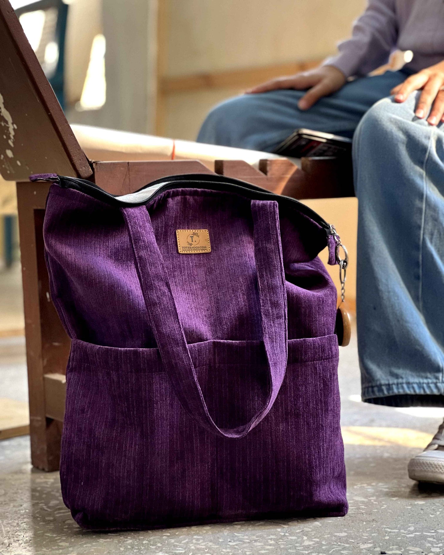 Corduroy Tote Bag Purple - Premium 2 Pocket Design - Tote Baggs