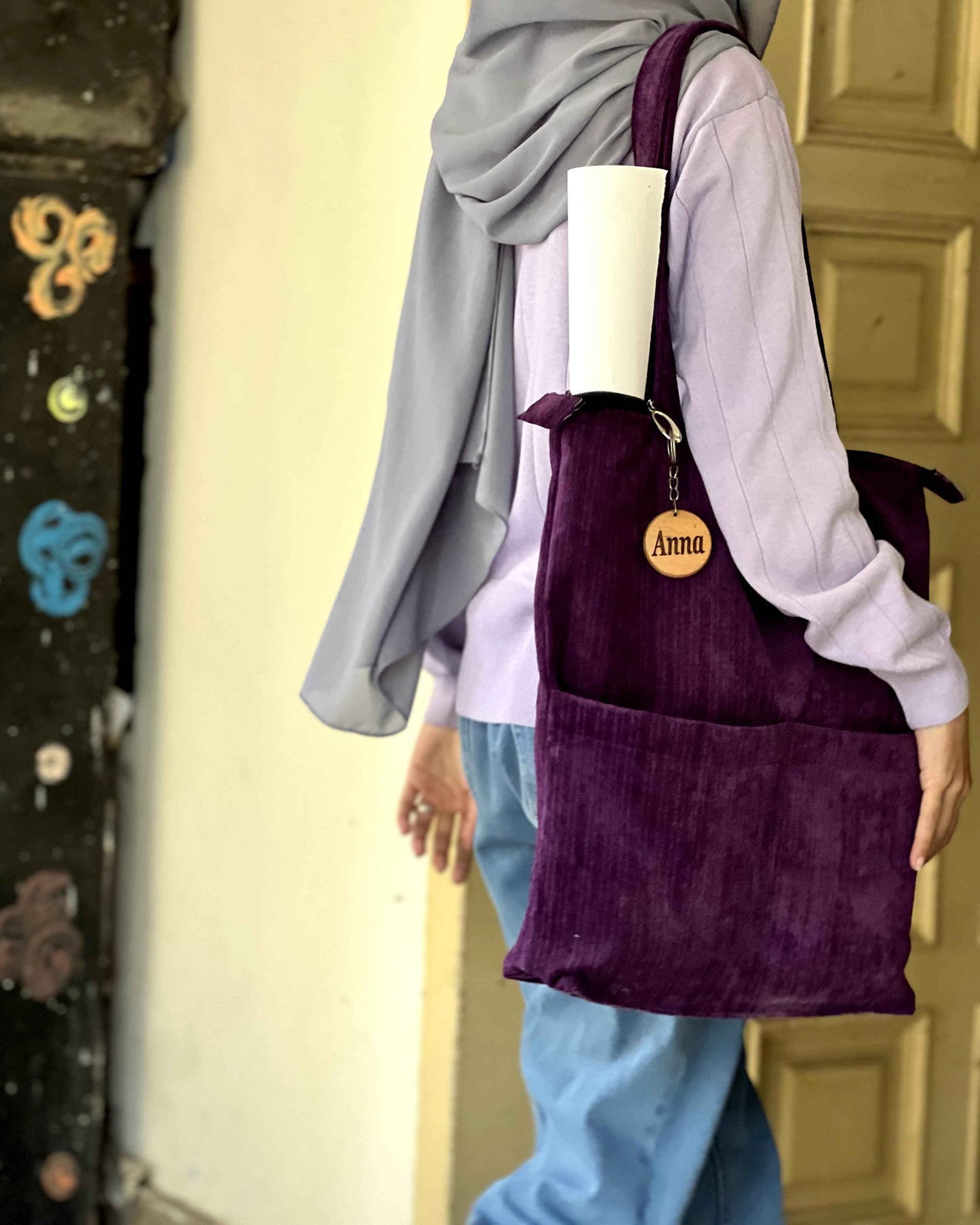 Corduroy Tote Bag Purple - Premium 2 Pocket Design - Tote Baggs