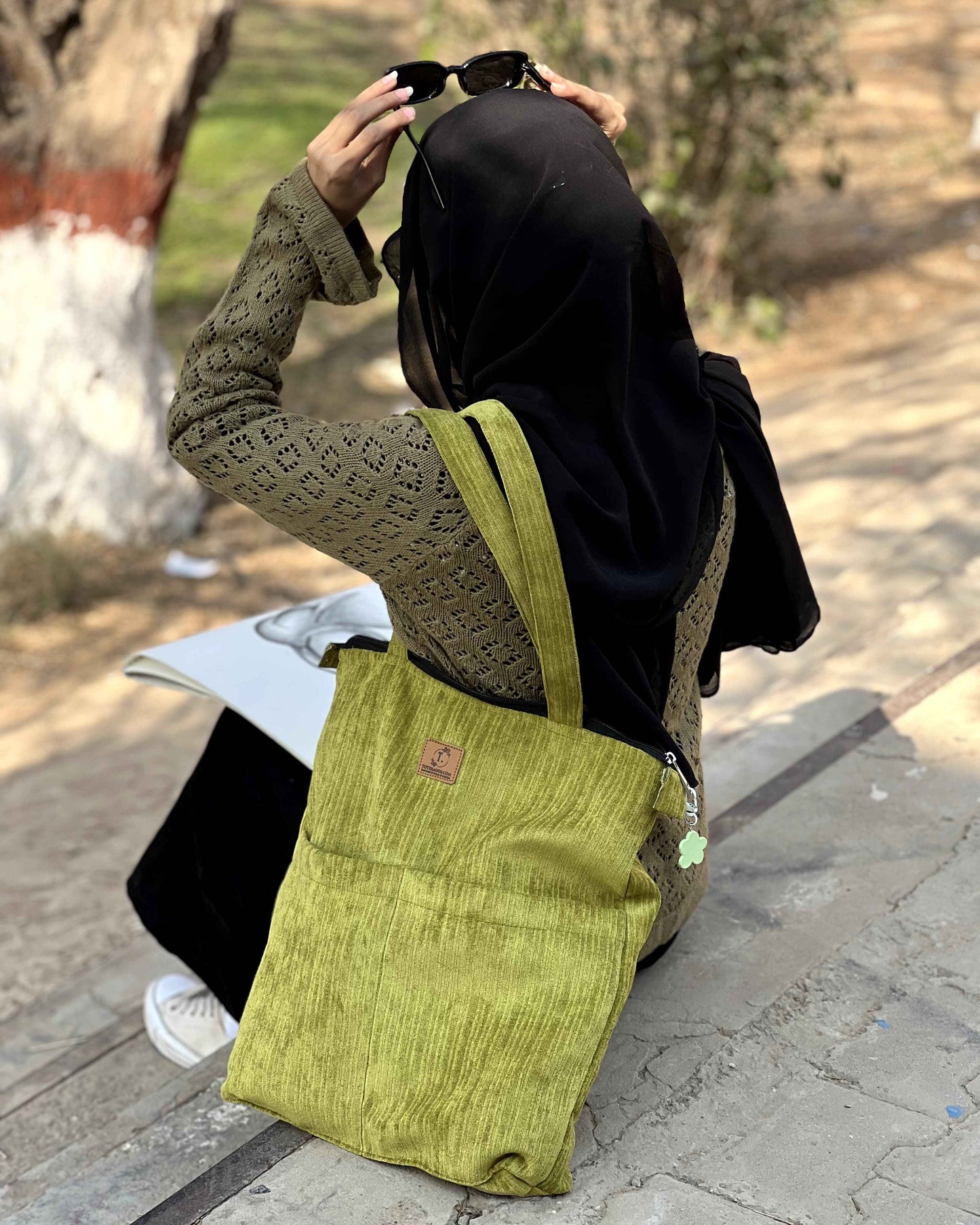 Corduroy Tote Bag - Premium Green with 2 Pockets - Tote Baggs