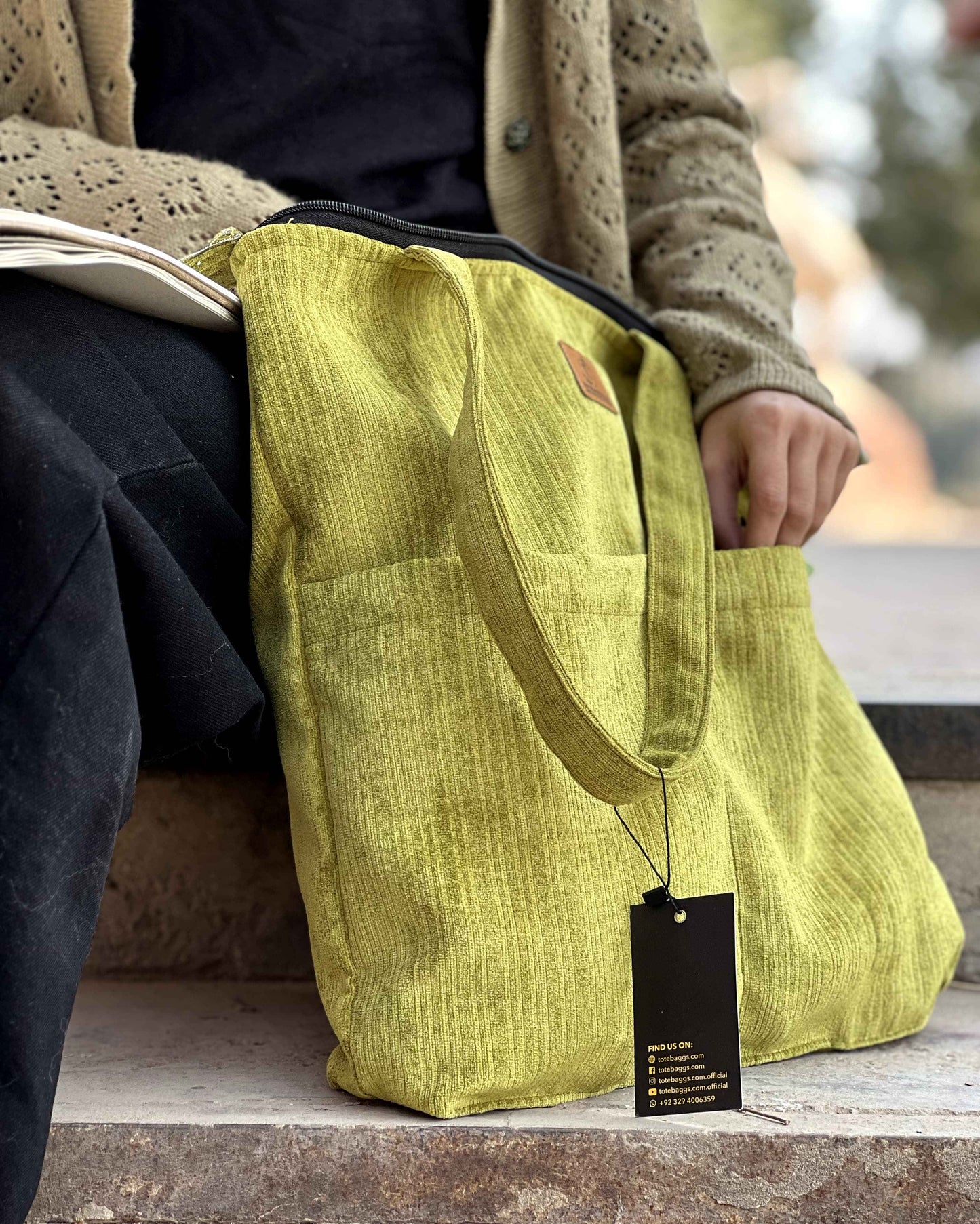 Corduroy Tote Bag - Premium Green with 2 Pockets - Tote Baggs