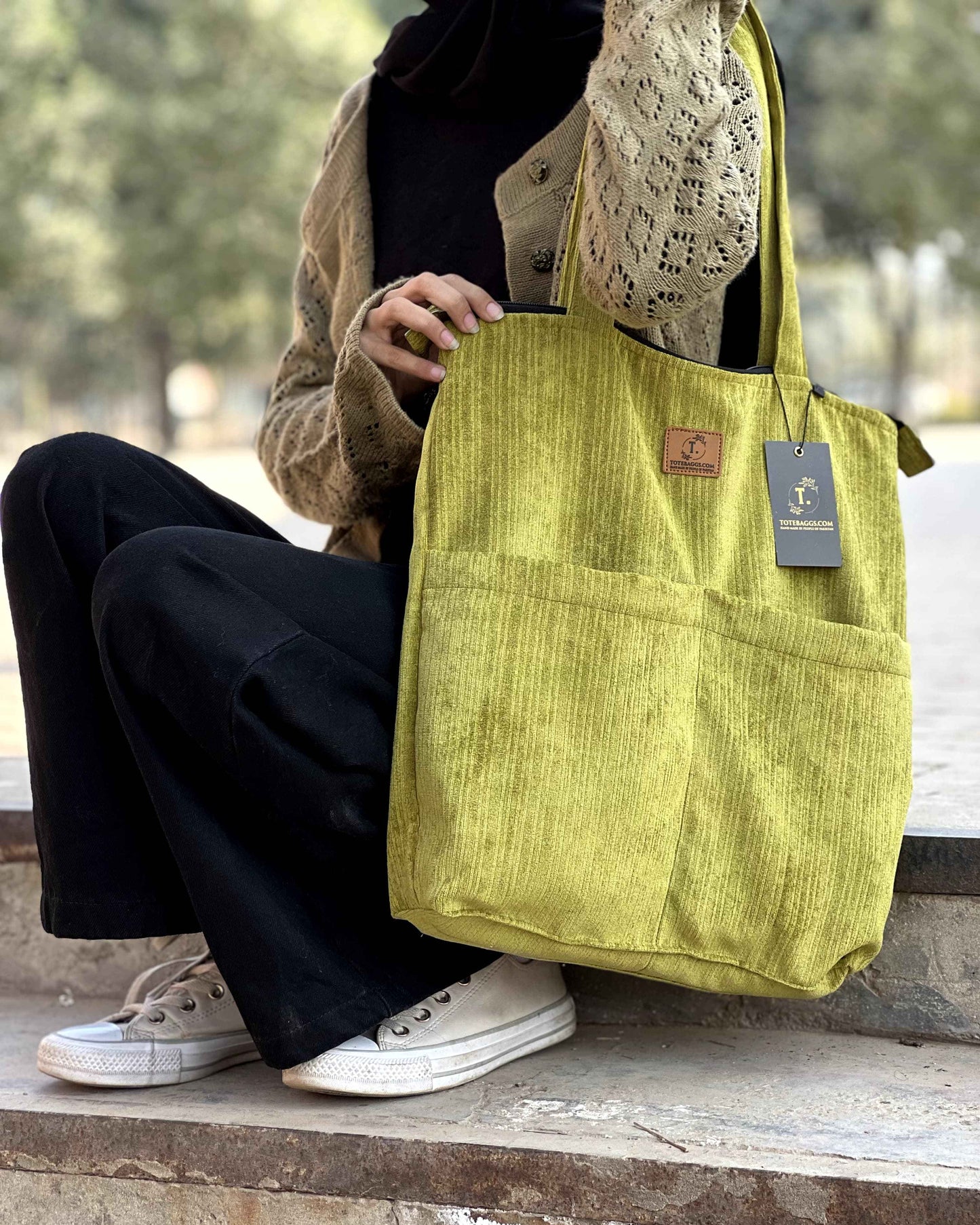 Corduroy Tote Bag - Premium Green with 2 Pockets - Tote Baggs