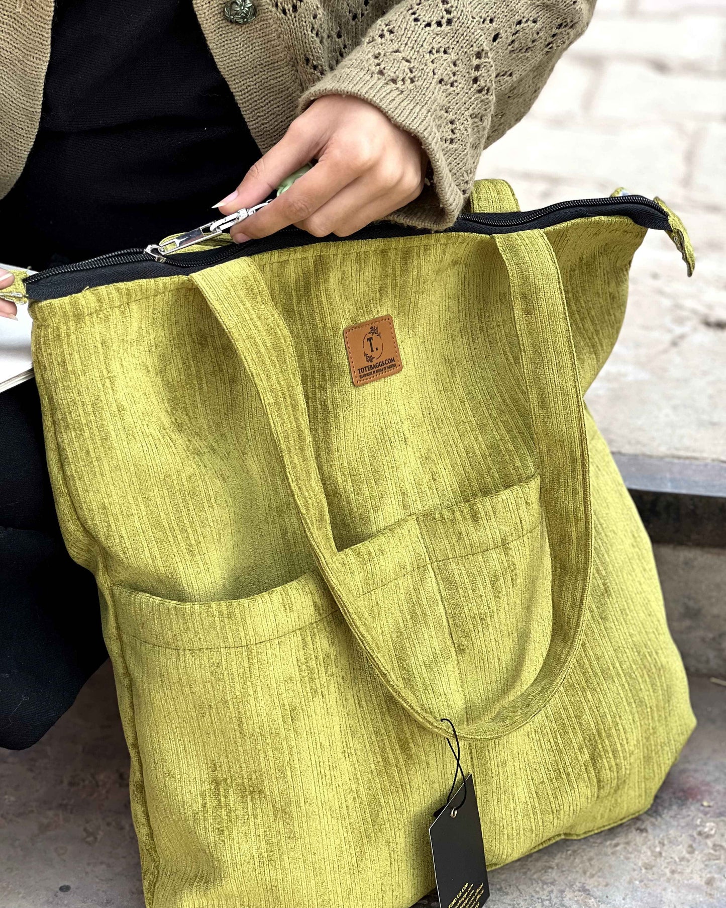 Corduroy Tote Bag - Premium Green with 2 Pockets - Tote Baggs