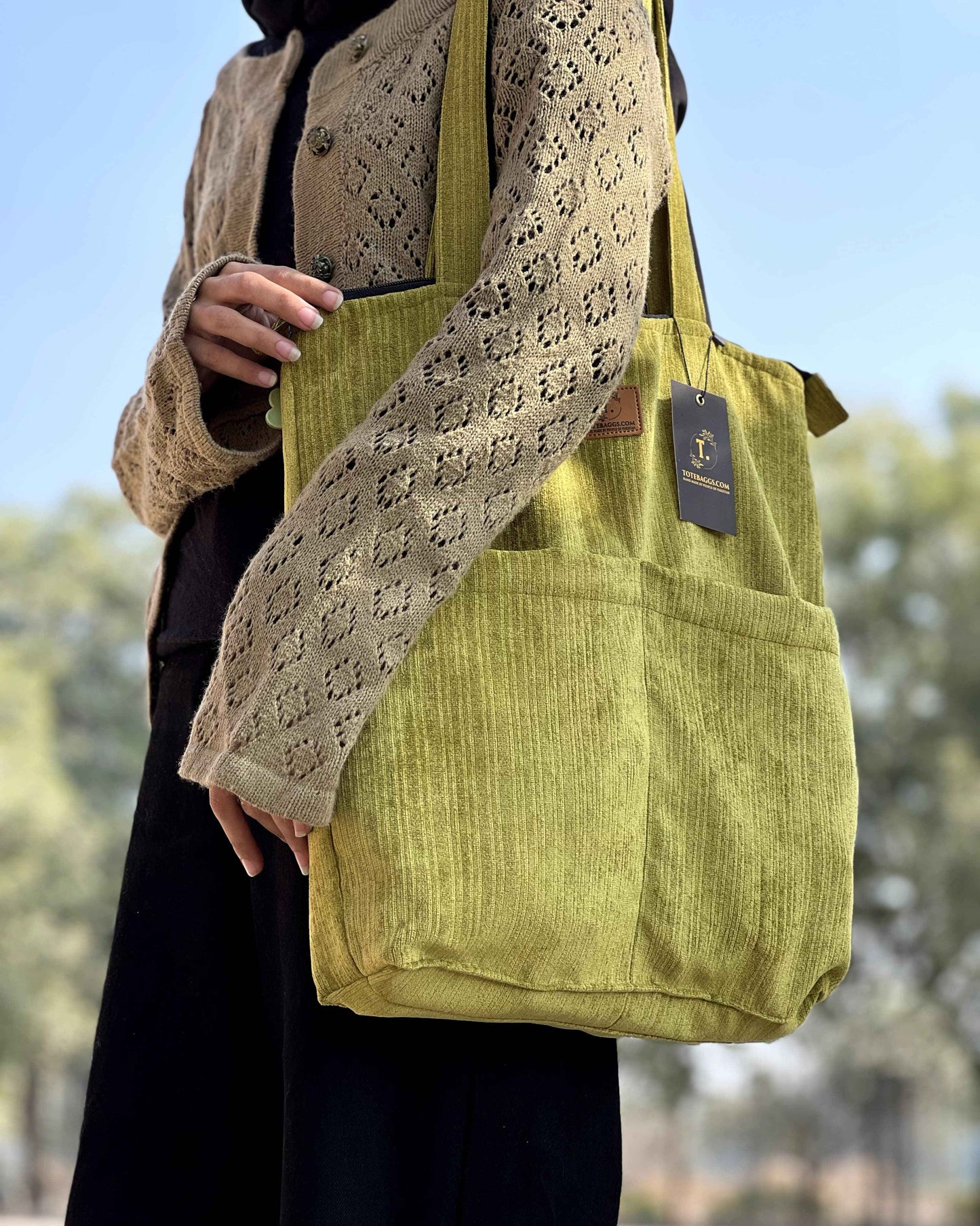 Corduroy Tote Bag - Premium Green with 2 Pockets - Tote Baggs