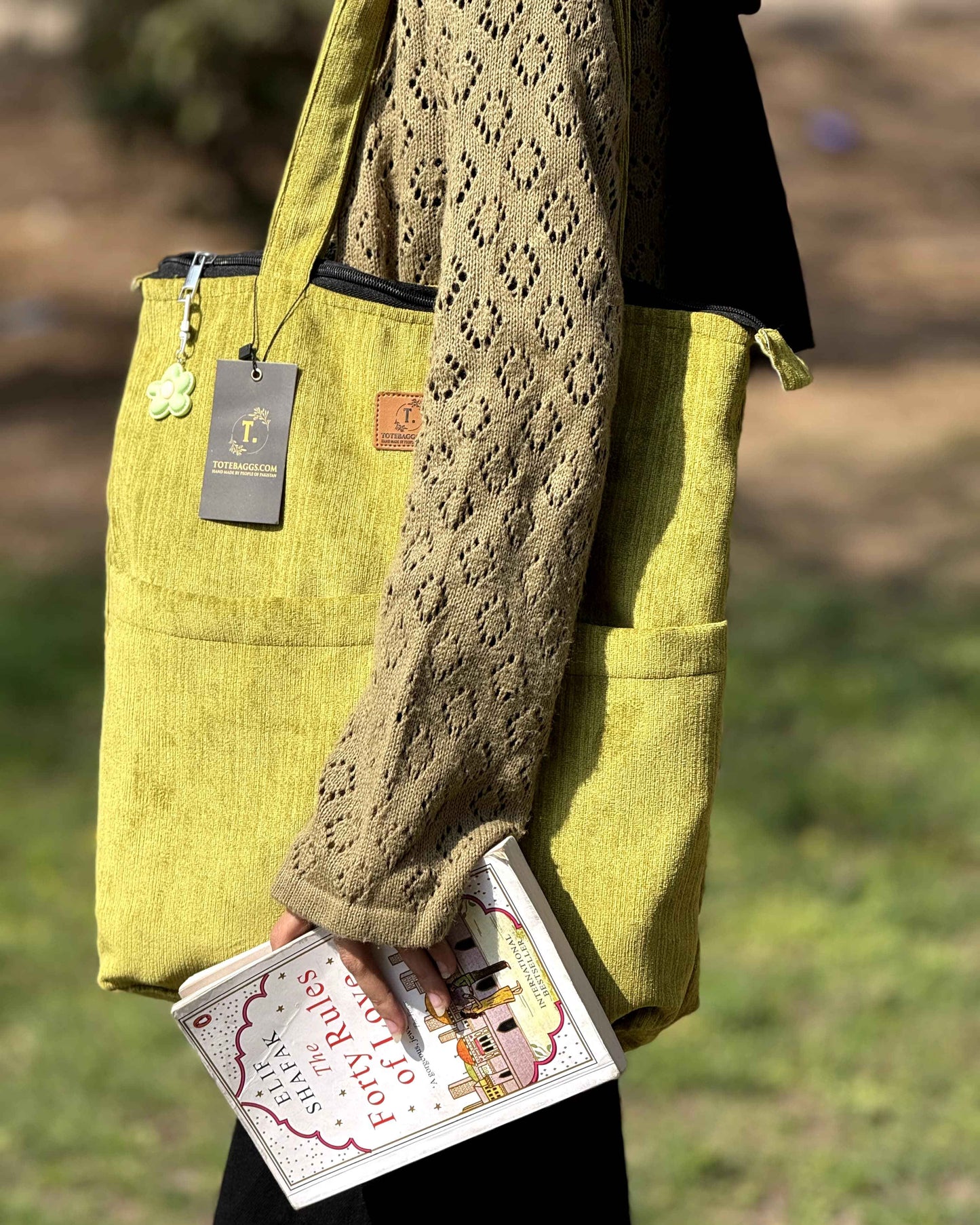 Corduroy Tote Bag - Premium Green with 2 Pockets - Tote Baggs