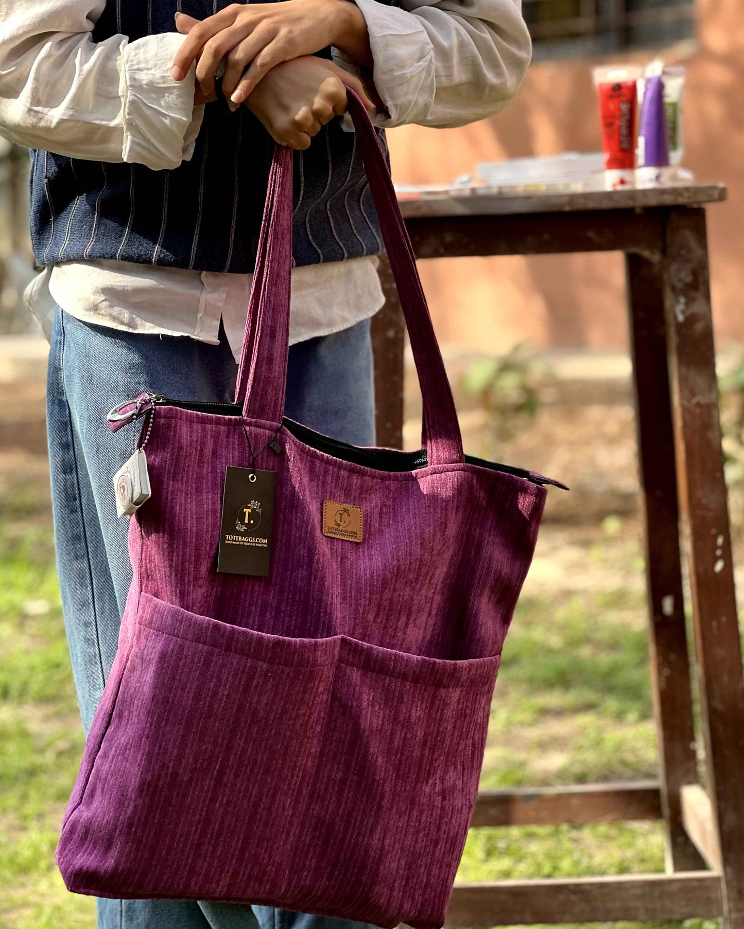 Corduroy Tote Bag Light Purple - Premium 2 Pocket Design - Tote Baggs