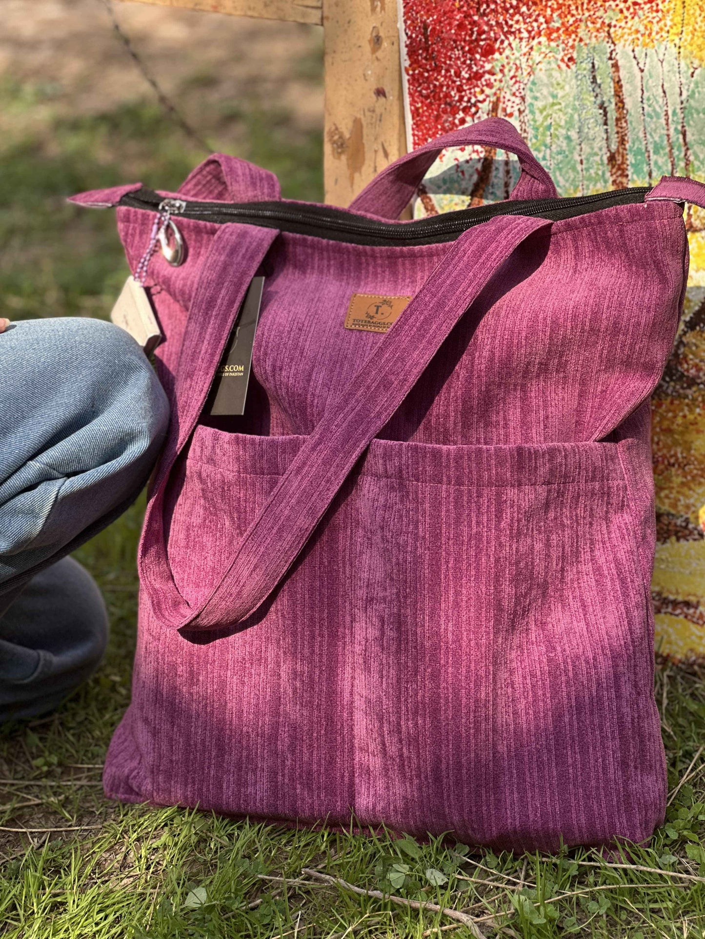 Corduroy Tote Bag Light Purple - Premium 2 Pocket Design - Tote Baggs