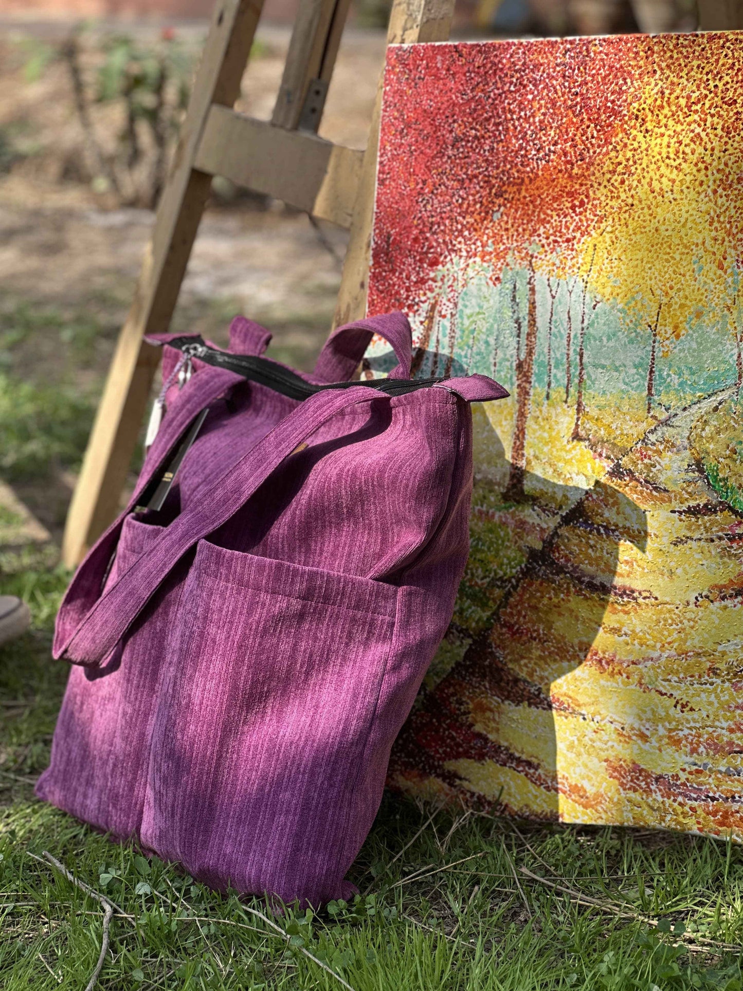 Corduroy Tote Bag Light Purple - Premium 2 Pocket Design - Tote Baggs