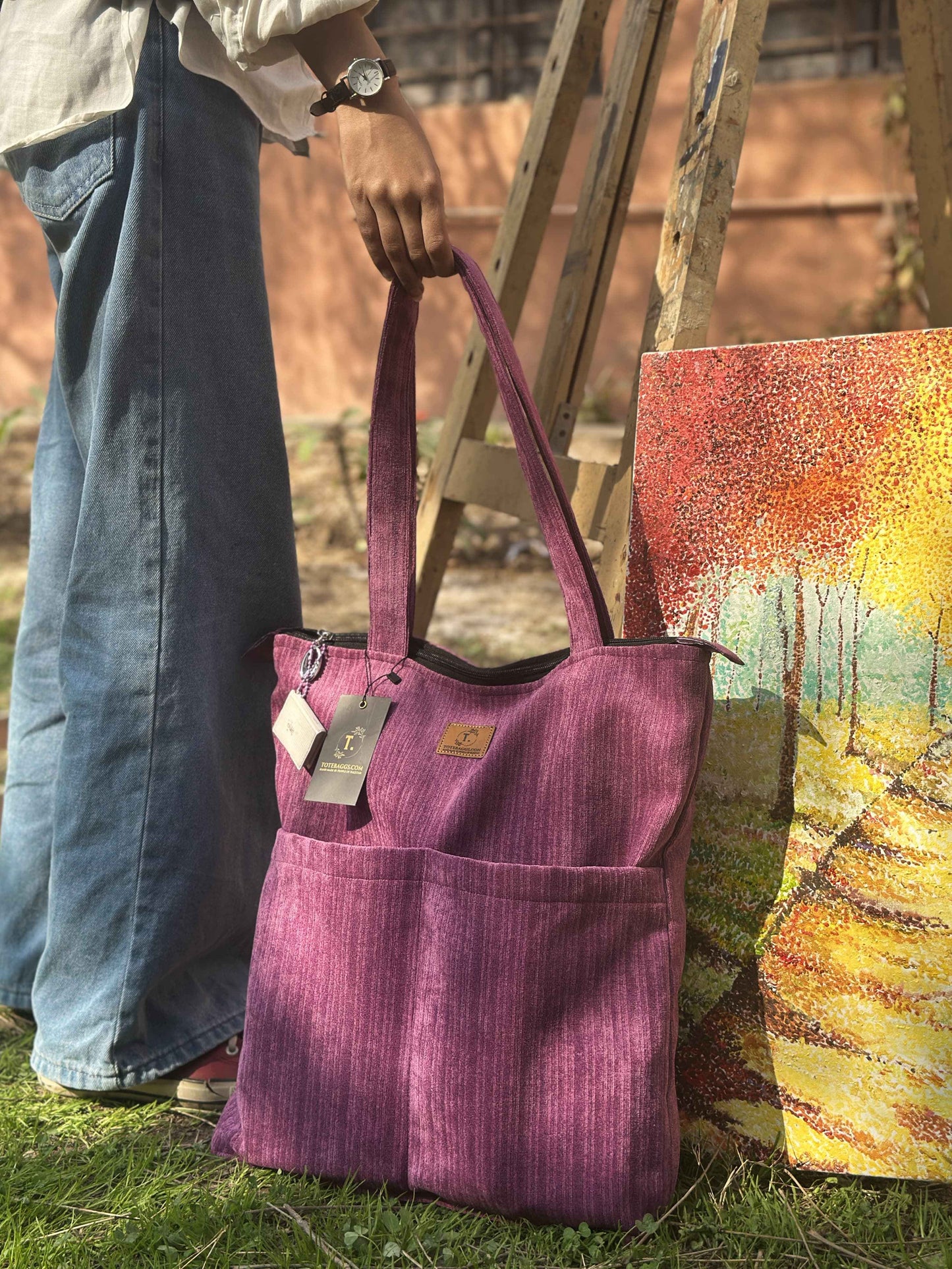 Corduroy Tote Bag Light Purple - Premium 2 Pocket Design - Tote Baggs