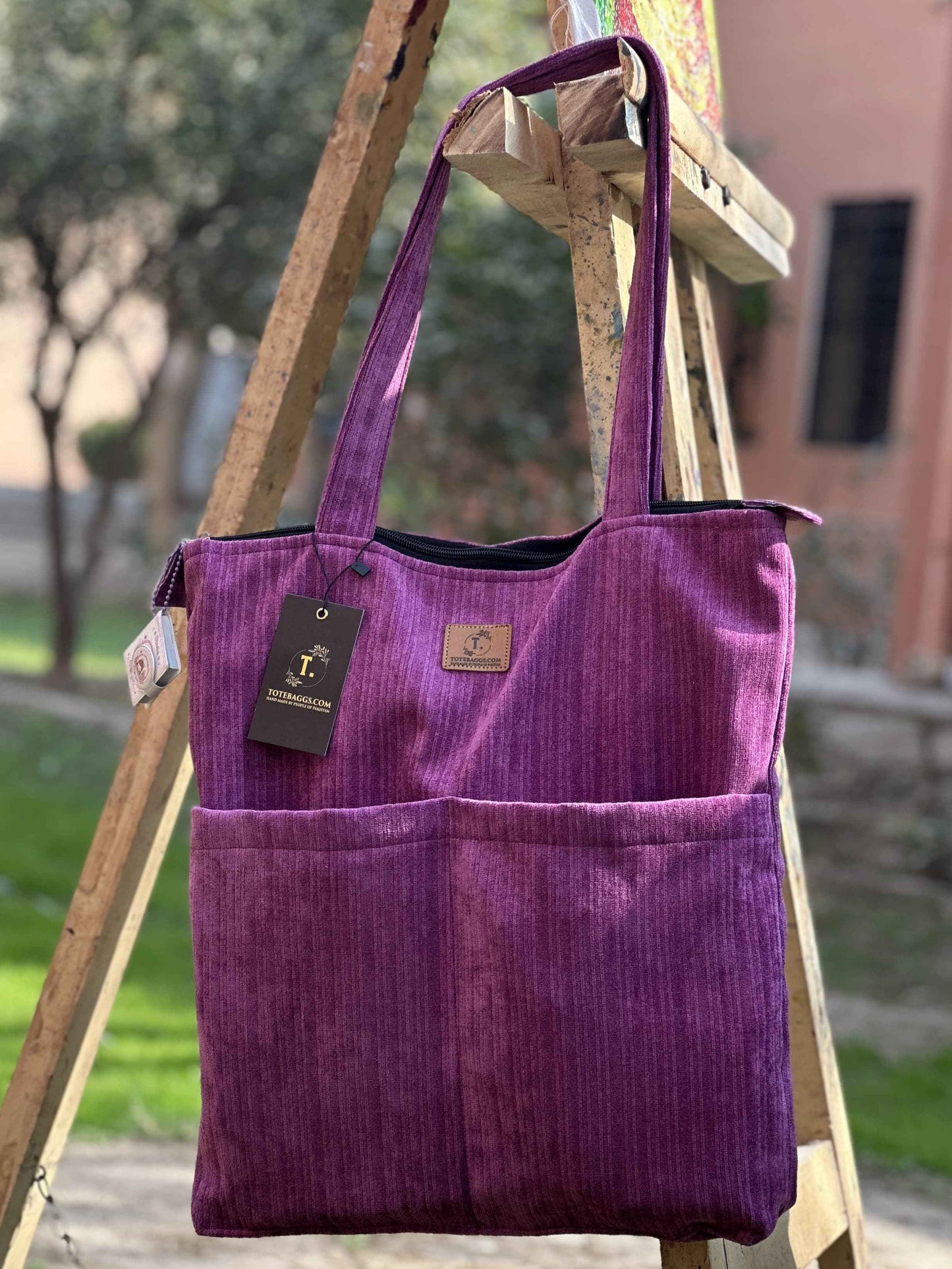 Corduroy Tote Bag Light Purple - Premium 2 Pocket Design - Tote Baggs