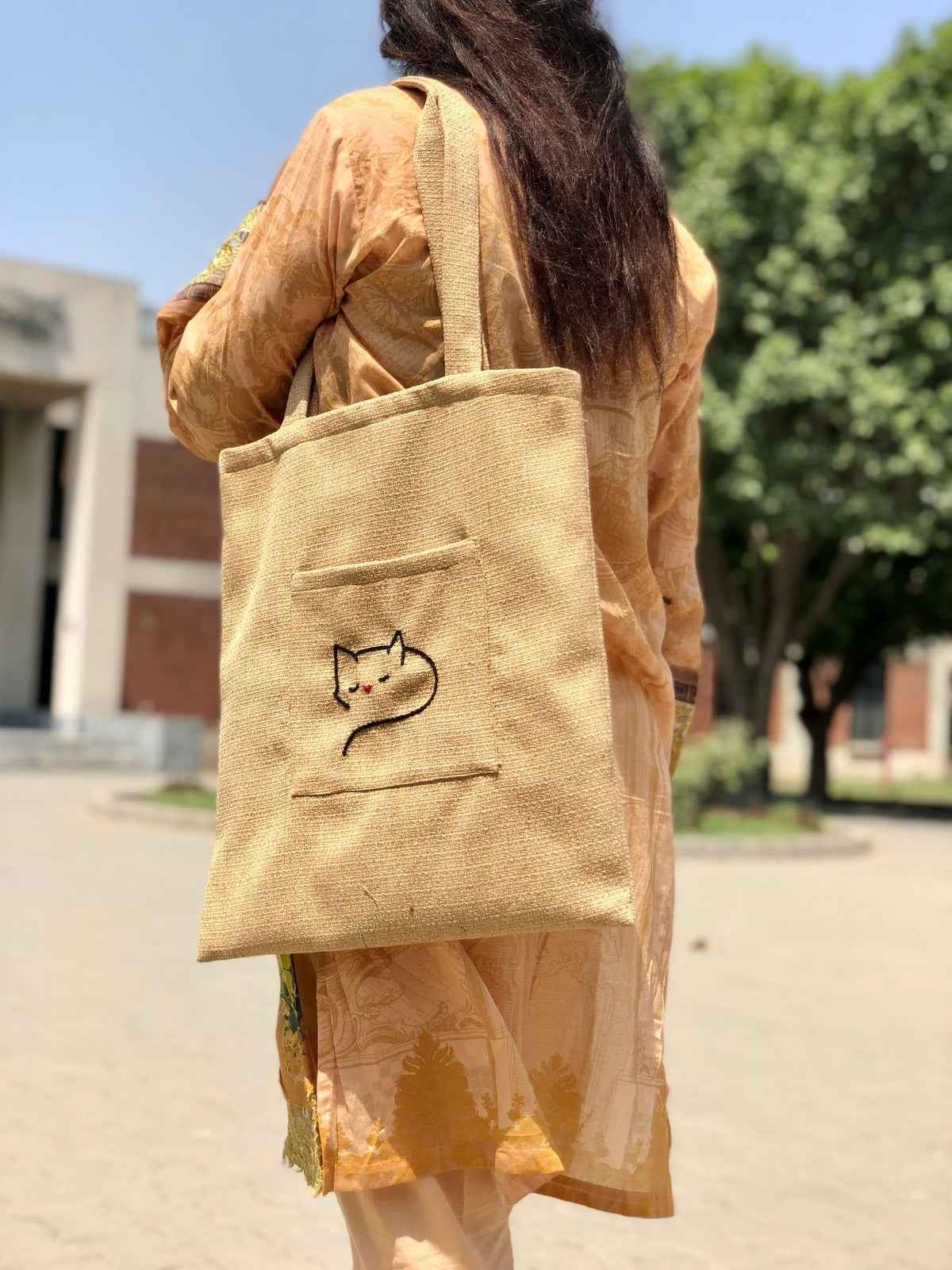 Handmade Golden Tote Bag -Cat Embroidery - Tote Baggs