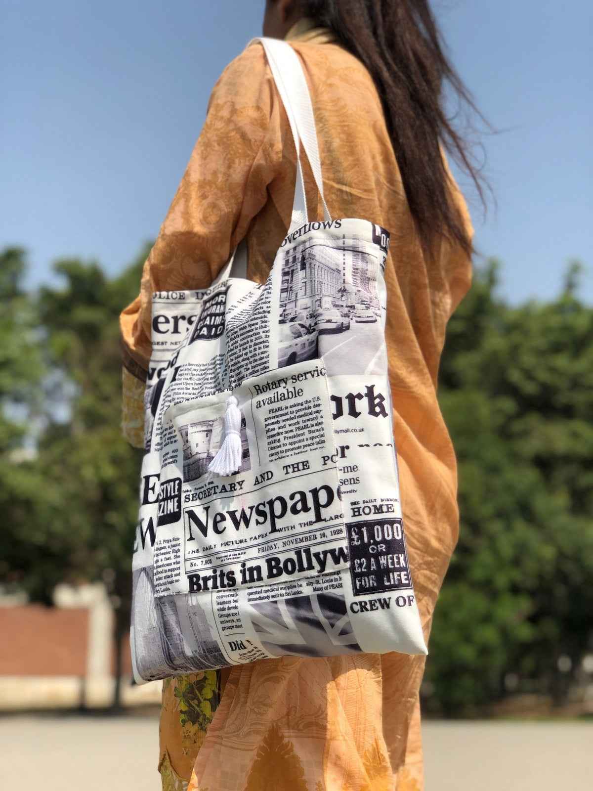 Handmade Newspaper Tote Bag - Unique Digital Print Design - Tote Baggs