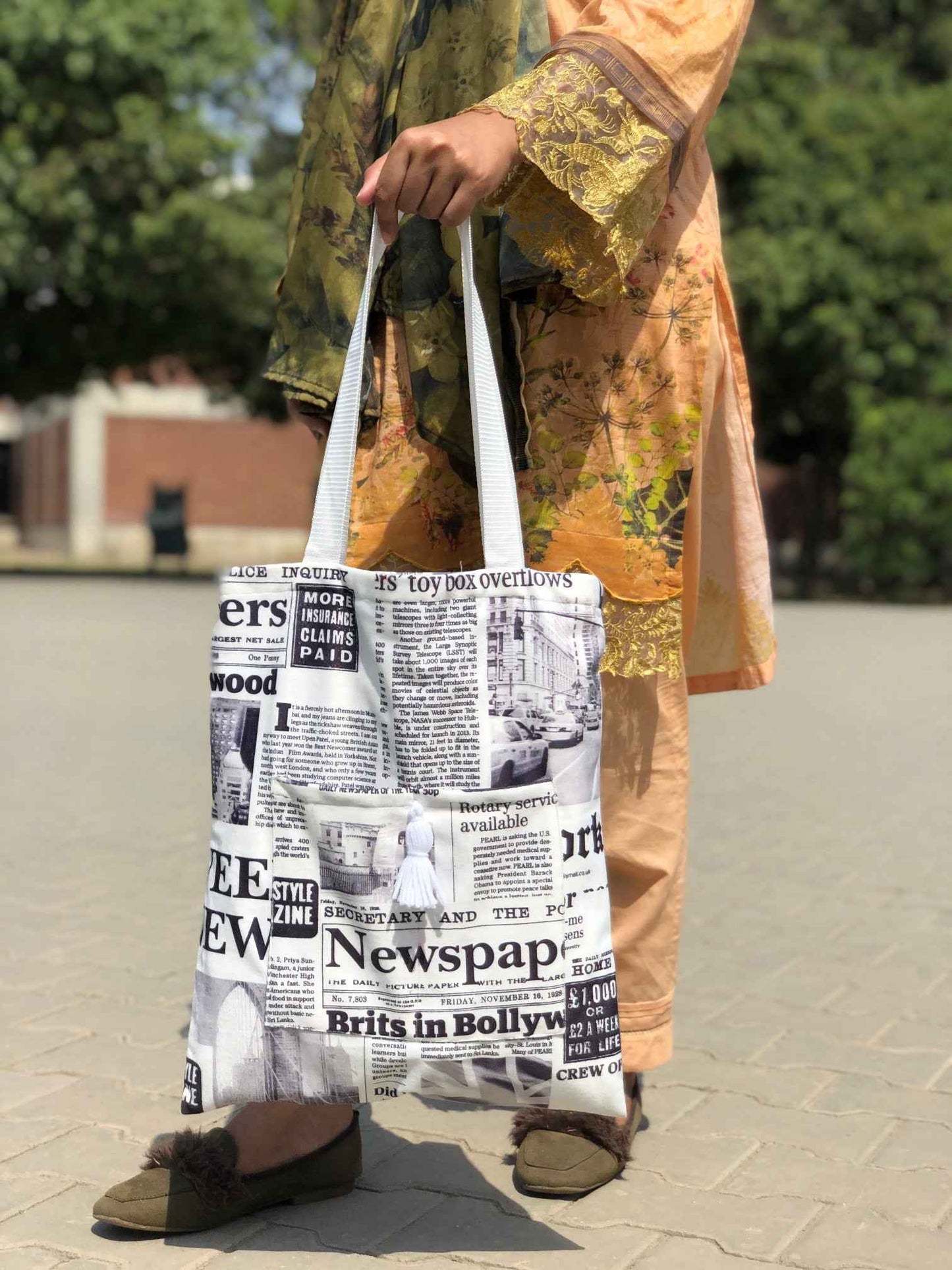 Handmade Newspaper Tote Bag - Unique Digital Print Design - Tote Baggs