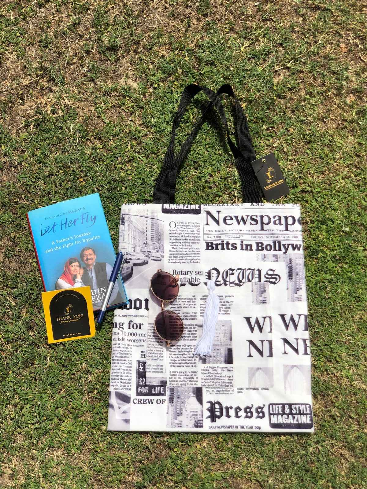 Handmade Newspaper Tote Bag - Unique Digital Print Design - Tote Baggs